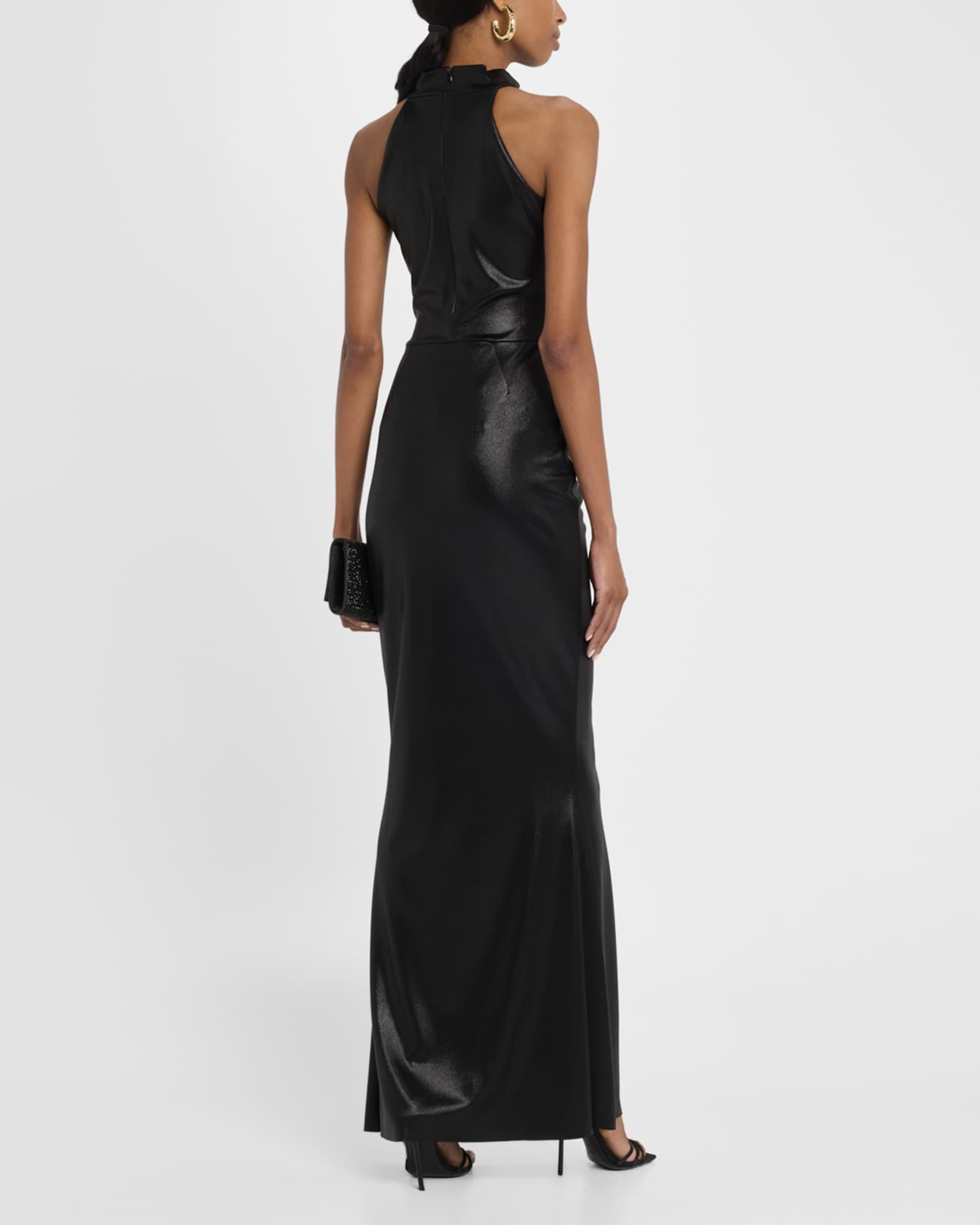 Hudrix Draped Mock-Neck Halter Column Gown