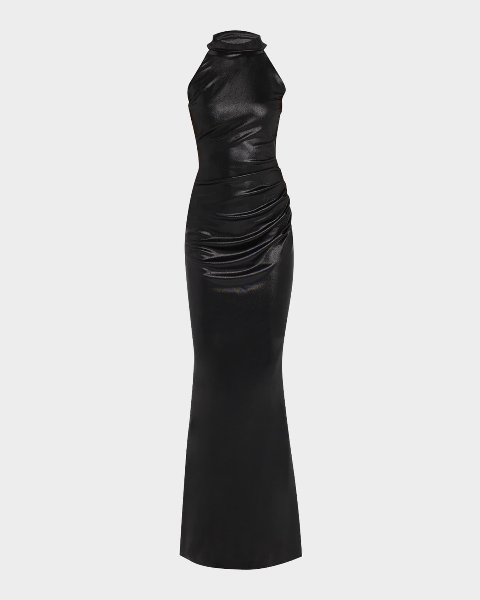 Hudrix Draped Mock-Neck Halter Column Gown 0