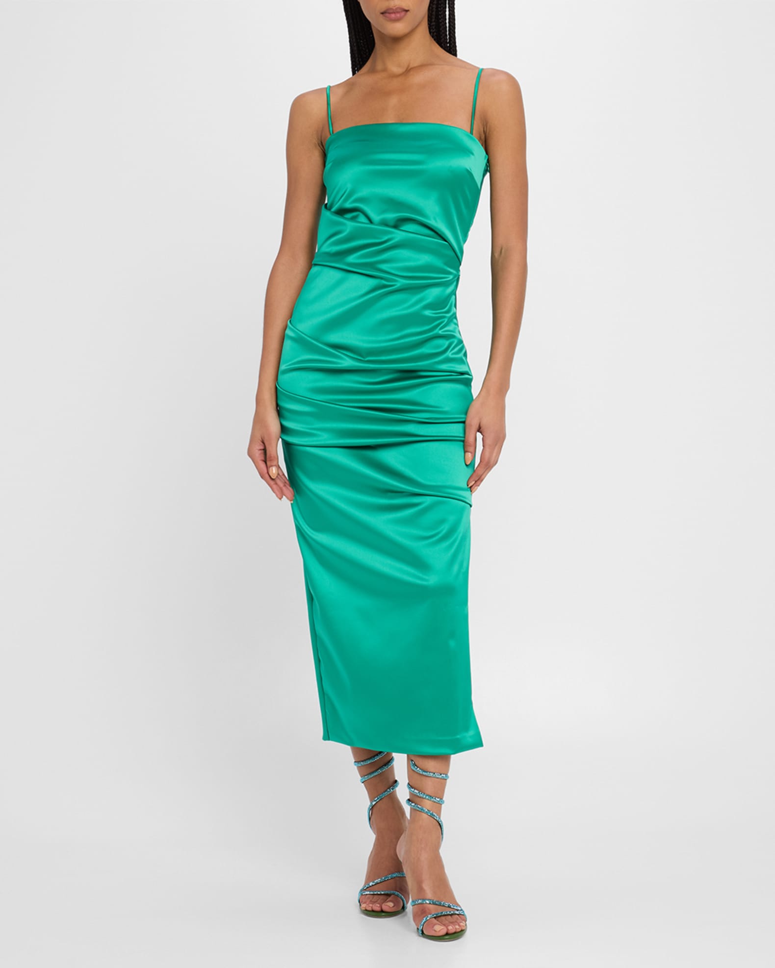 Keiky Square-Neck Draped Satin Midi Dress 1