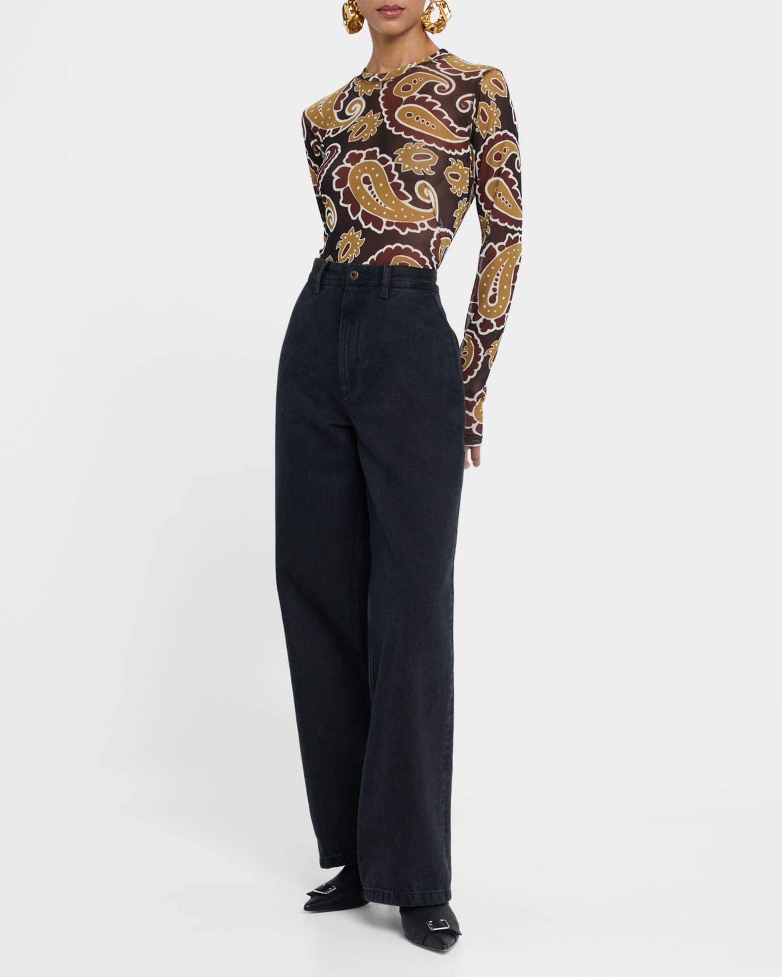 Paisley-Print Long-Sleeve Mesh Top 1