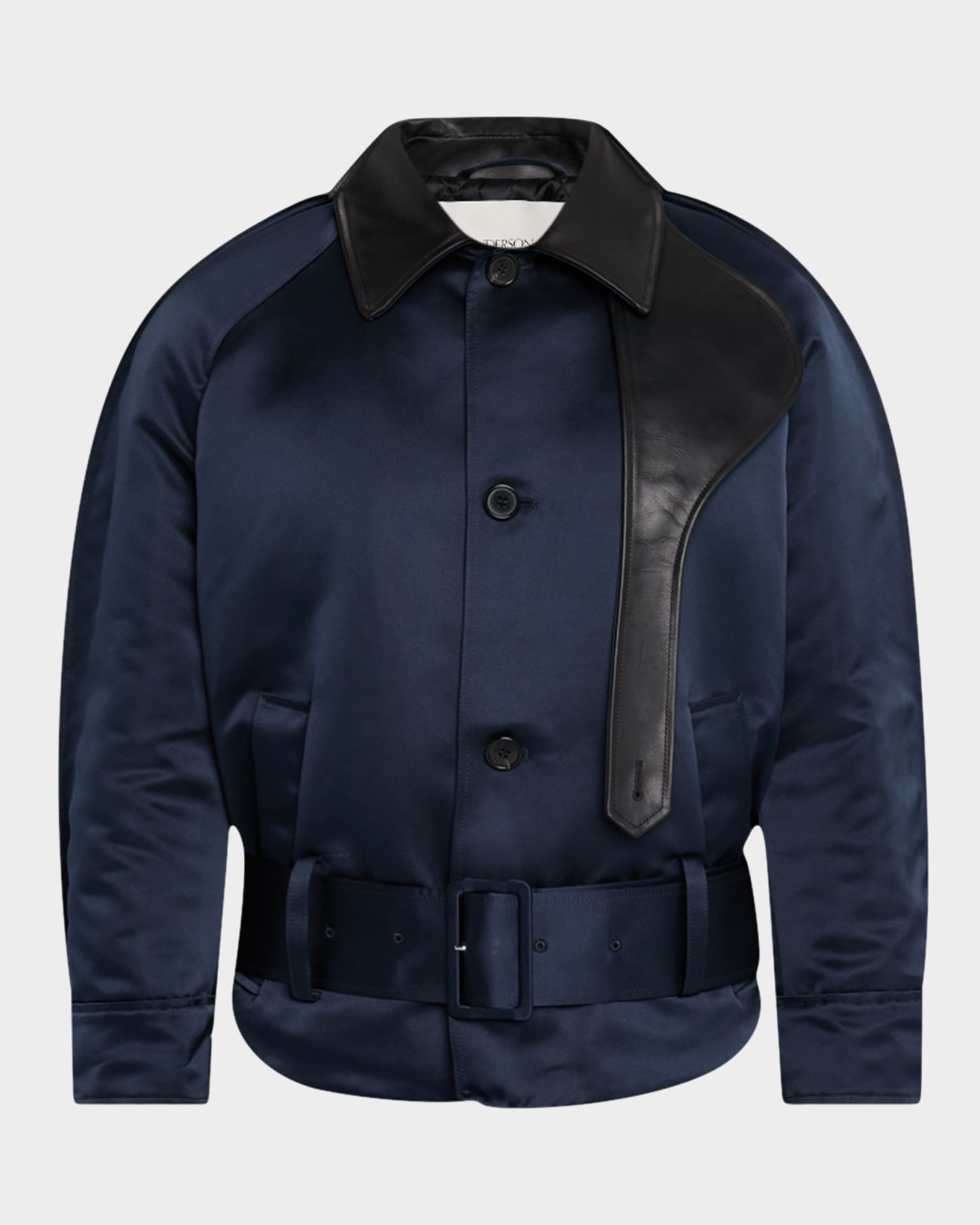 Belted Satin Rounded Blouson Jacket With Leather-Trim 0