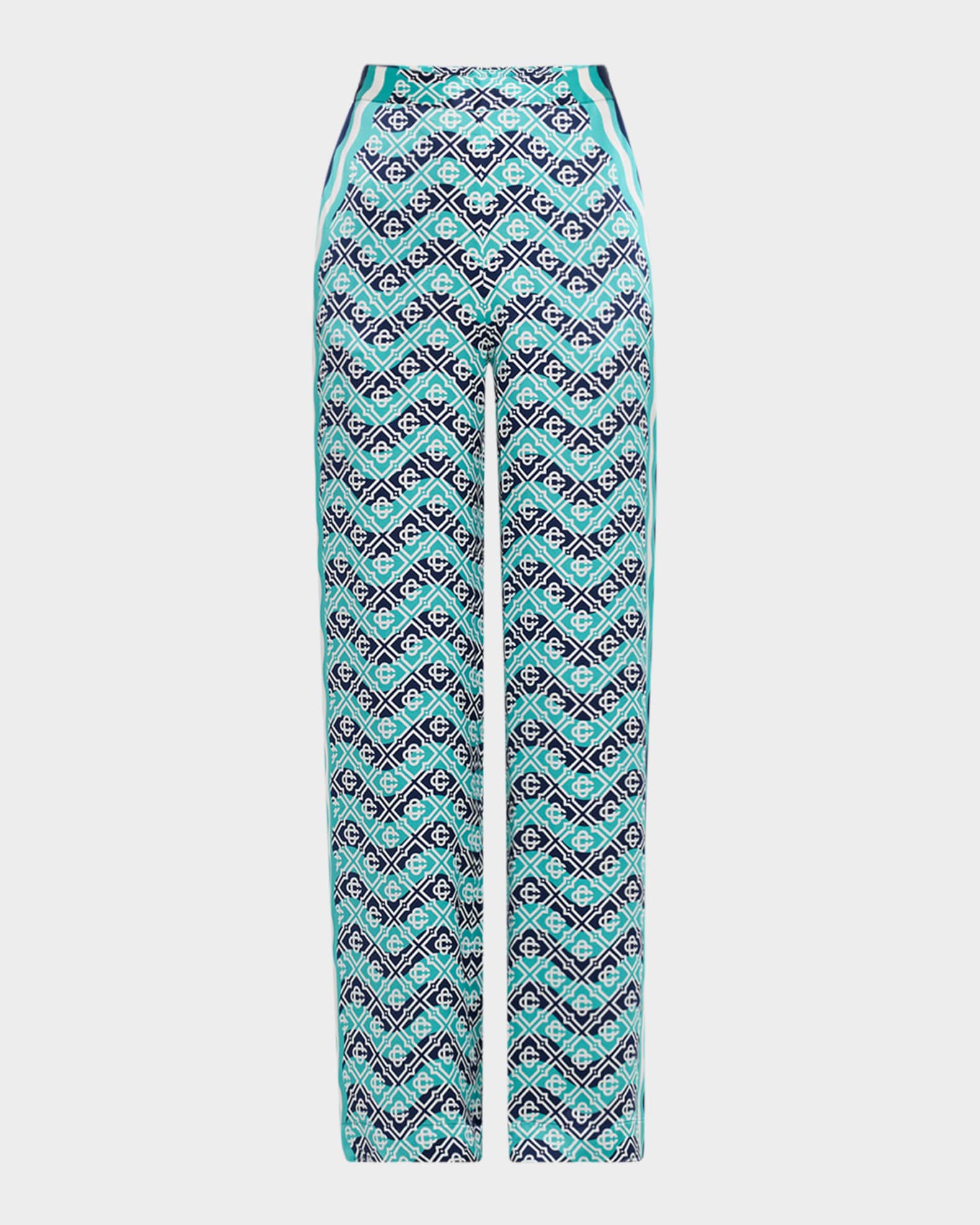 Monogram Wavy-Print Silk Straight-Leg Trousers 0