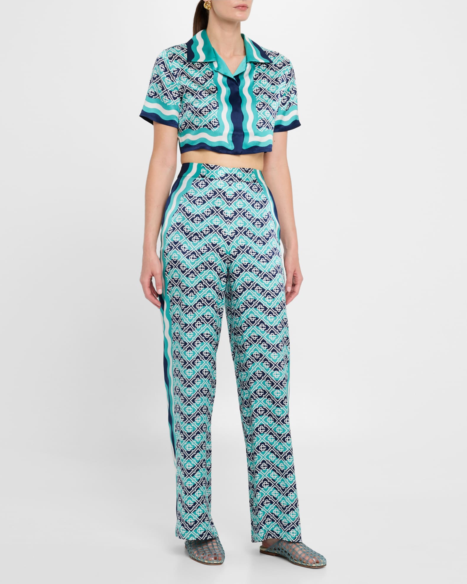 Wavy Monogram Print Silk Crop Camp Shirt 1
