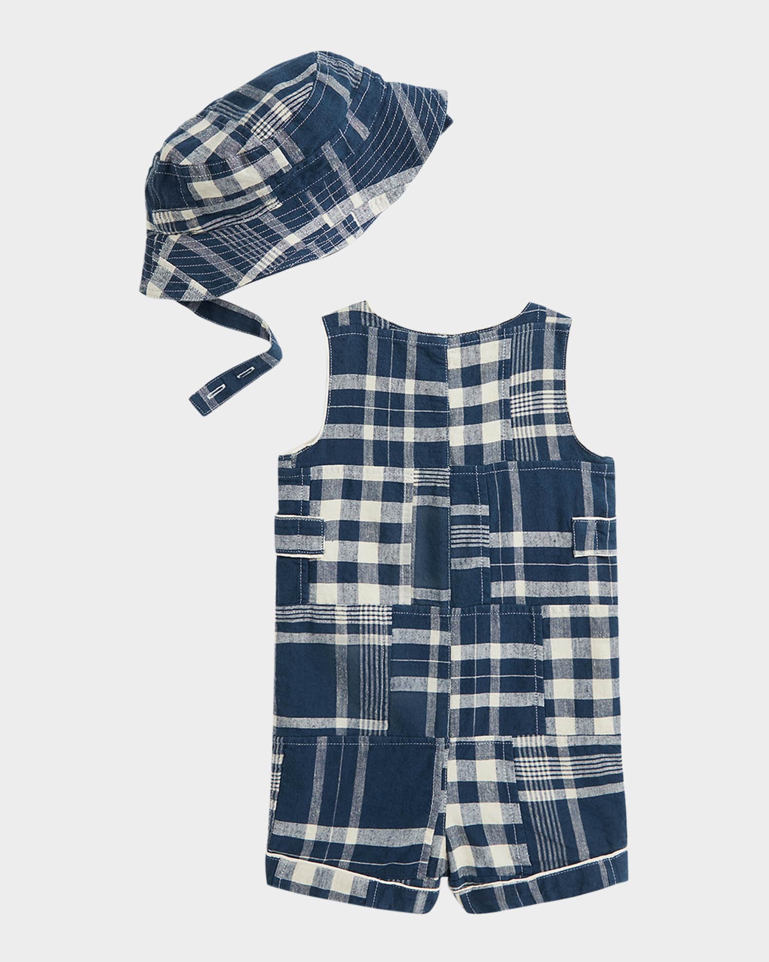 Boy's Patchwork-Print Overalls & Hat Set, Size 3M-12M 1