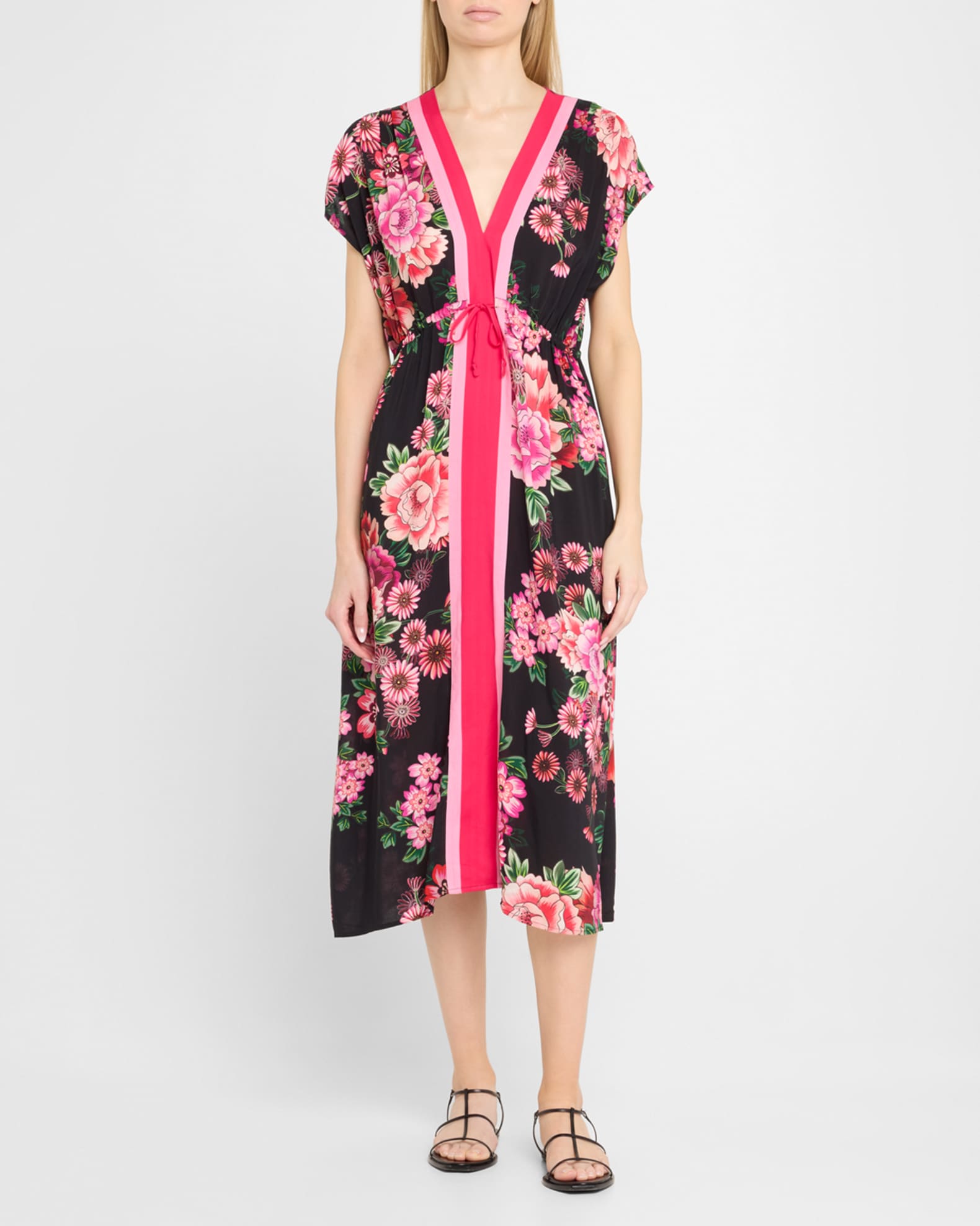 Multicolored Kaftan Dress With A V-Shaped Neckline And Elaborate Patterns main image 1