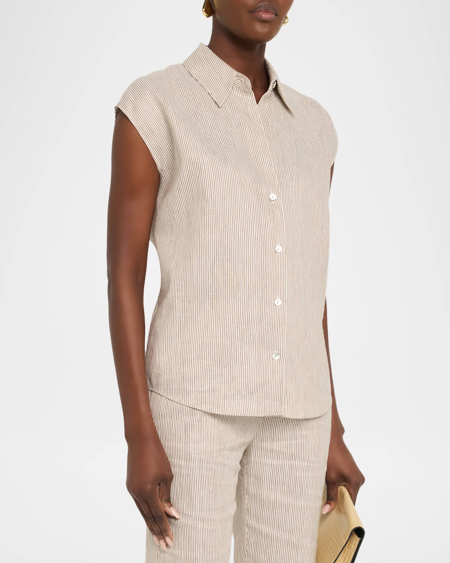 Vince Ticking Stripe Cap-Sleeve Blouse | Neiman Marcus