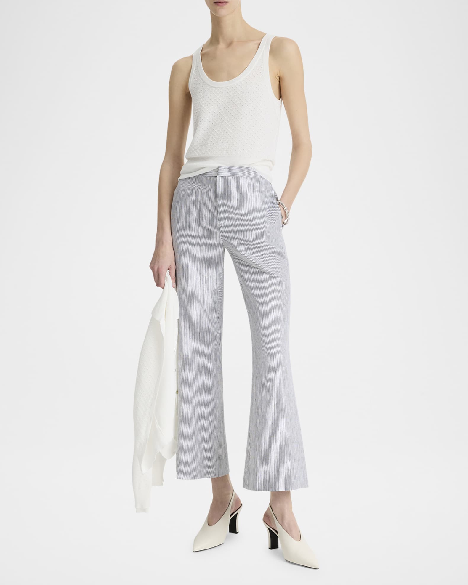 Ticking Stripe Cropped Flare Trousers 1