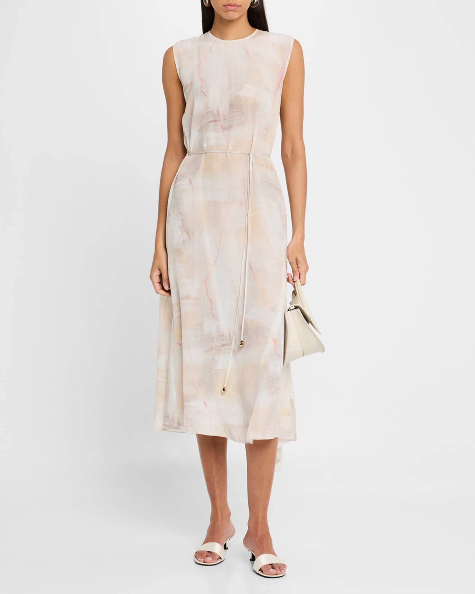 Drawstring Abstract-Print Silk Cady Midi Dress 1