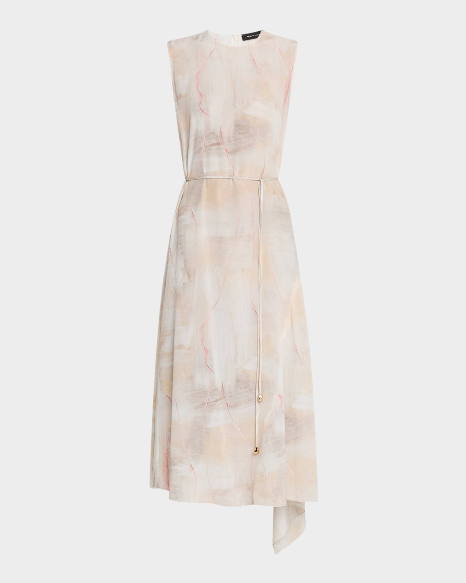 Drawstring Abstract-Print Silk Cady Midi Dress 0