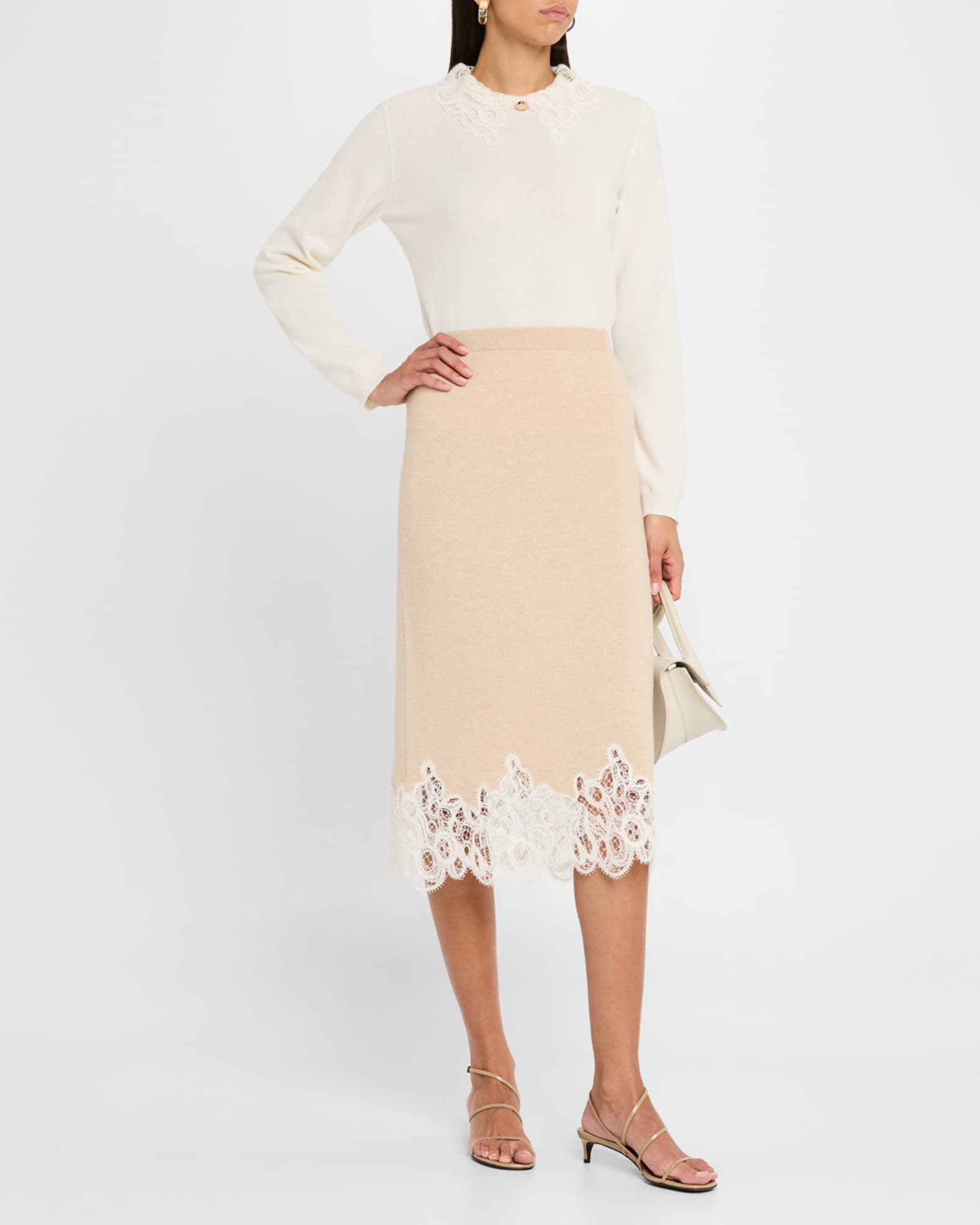 Straight Lace-Hem Knit Midi Skirt 1