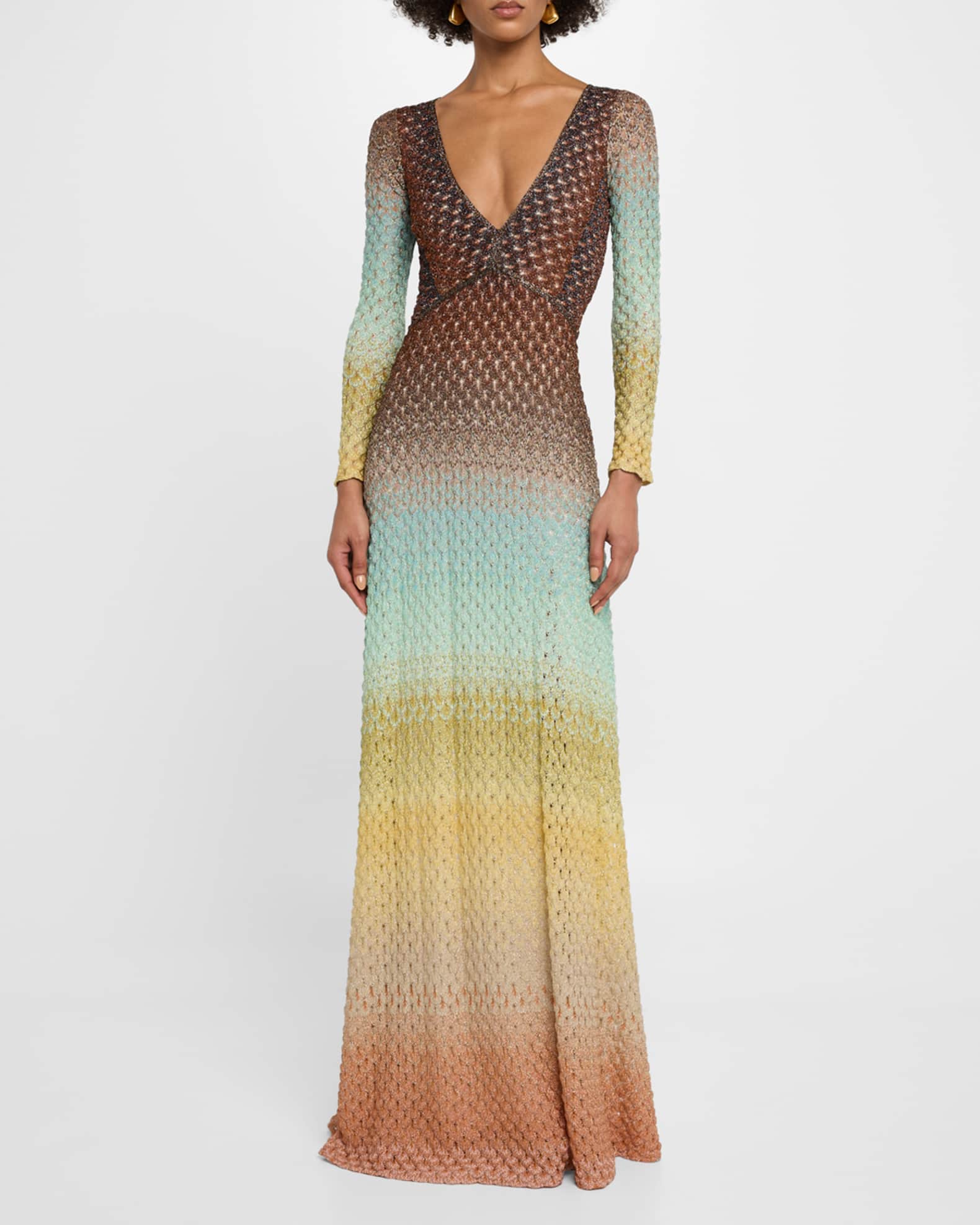 Plunging Metallic Ombre Knit Long-Sleeve Maxi Dress 1