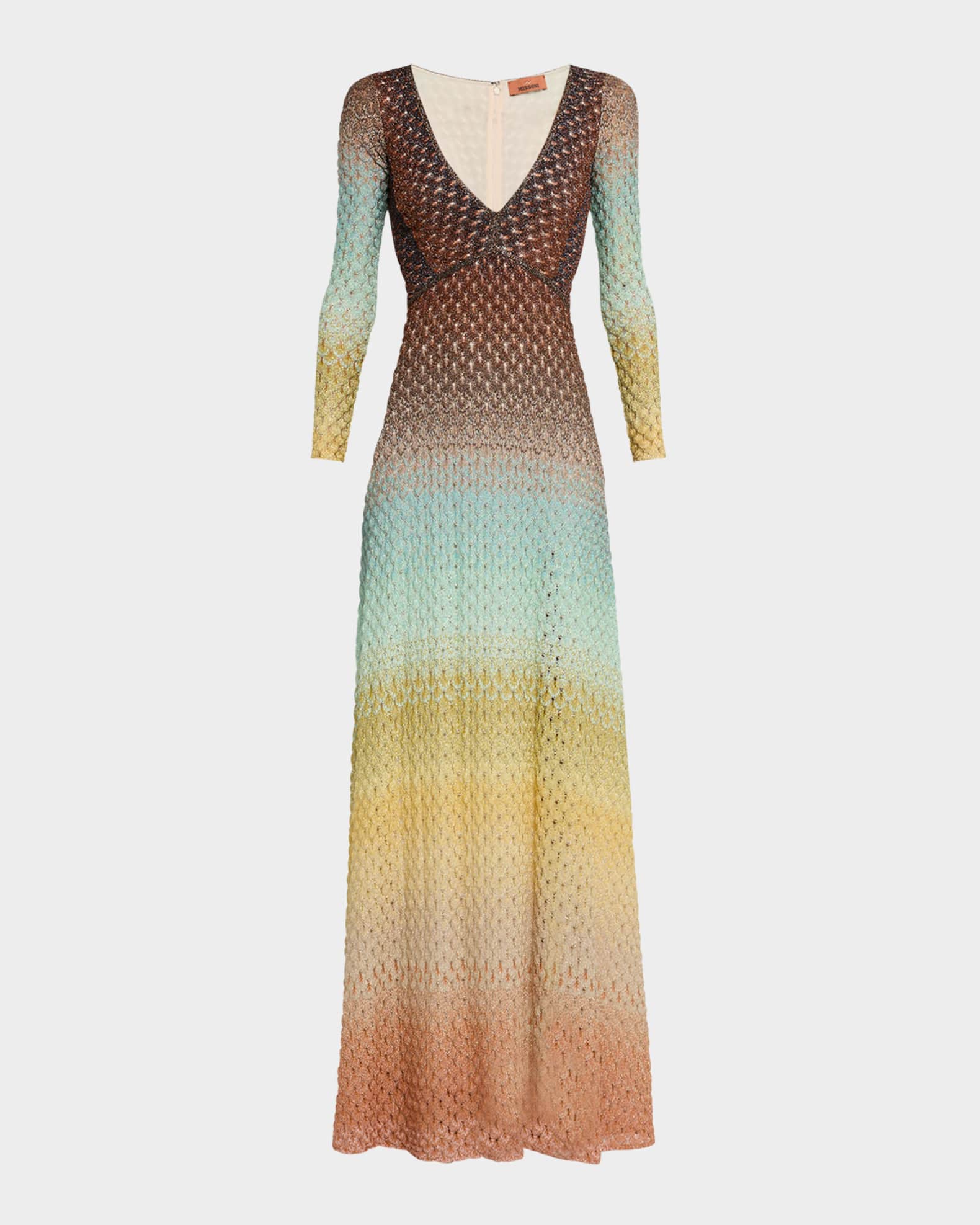 Plunging Metallic Ombre Knit Long-Sleeve Maxi Dress 0