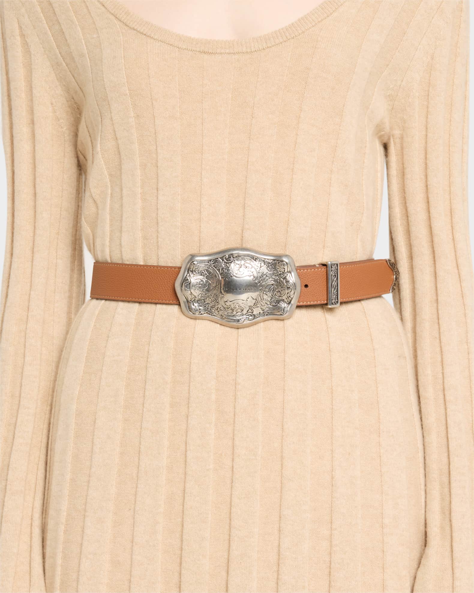 Ralph Lauren Collection Tooled-Buckle Pebbled Calfskin Western Belt |  Neiman Marcus