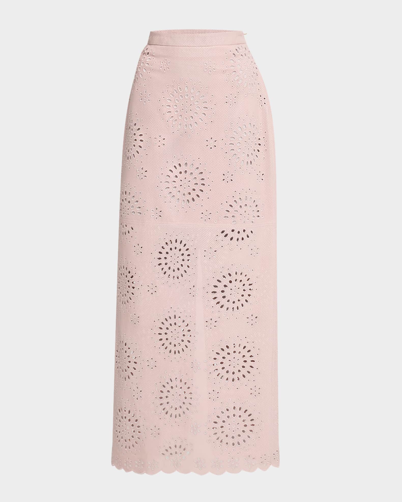 St. John Laser-Cut Floral Lace Leather Skirt | Neiman Marcus