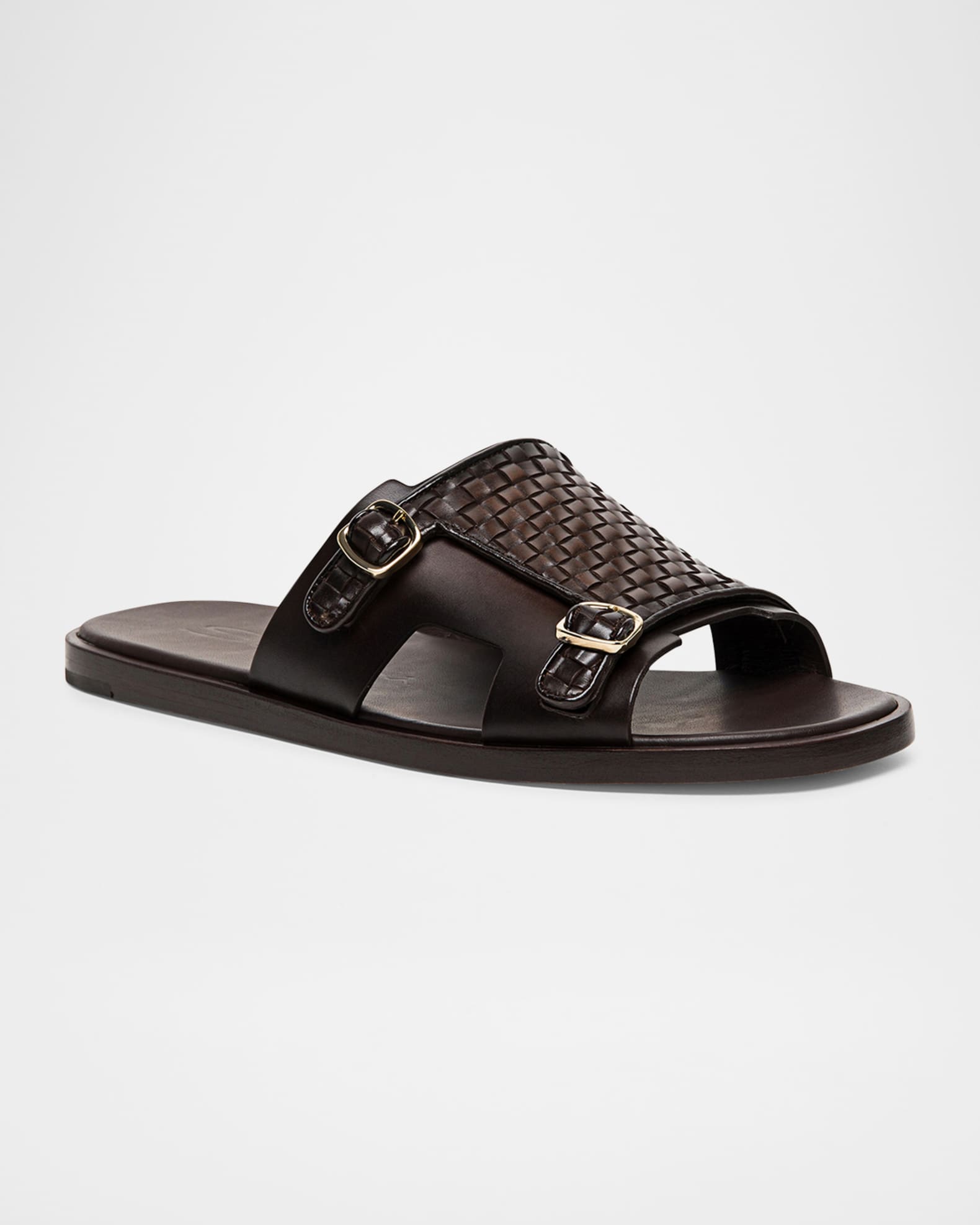 Santoni Men's Duo Woven Leather Double-Buckle Slide Sandals