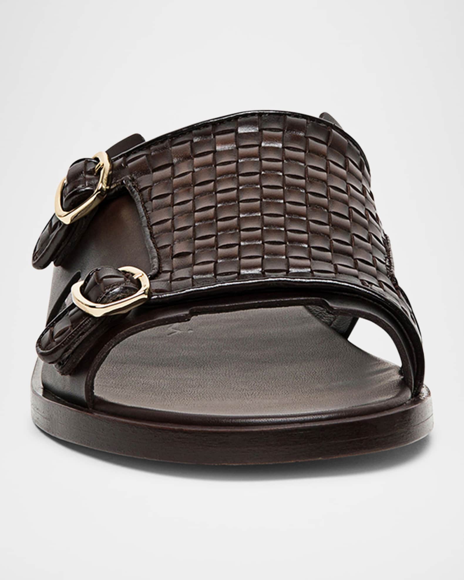 Santoni Men's Duo Woven Leather Double-Buckle Slide Sandals