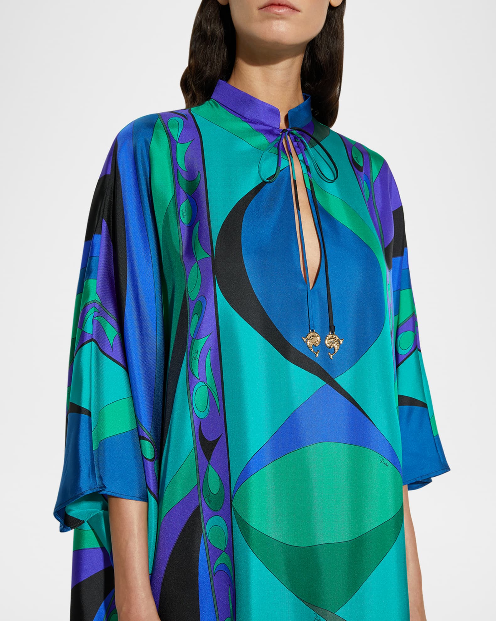 Emilio Pucci Pesci-Print Silk Twill Maxi Kaftan Dress