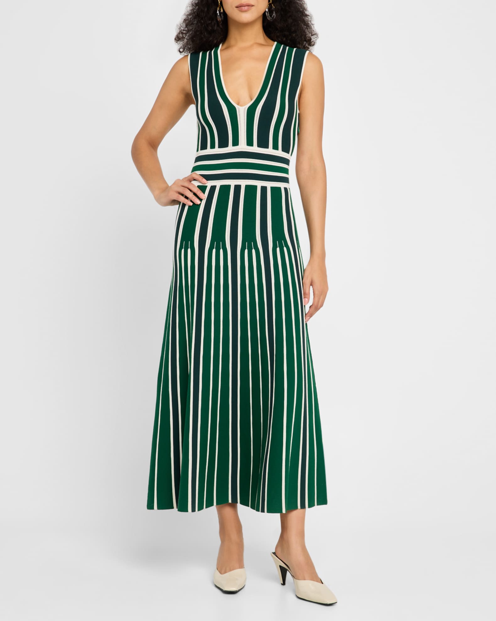 Tallone Plunging Stripe Pleated Knit Midi Dress 1