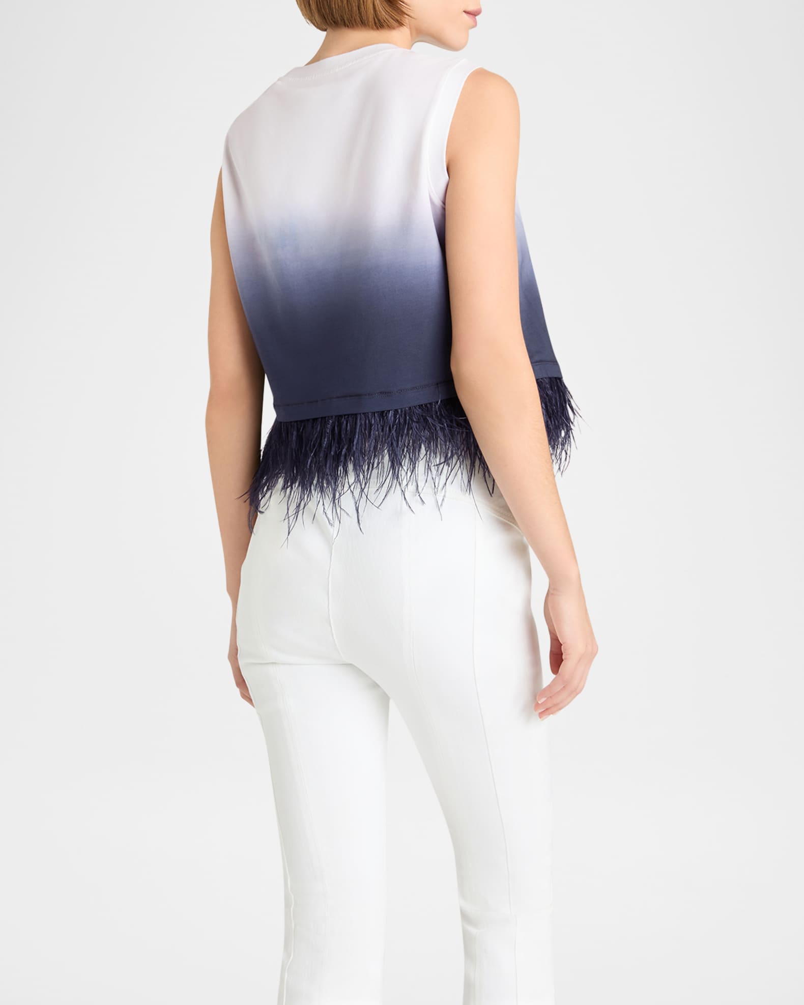 Sleeveless Cropped Feather-Trim Tee  1