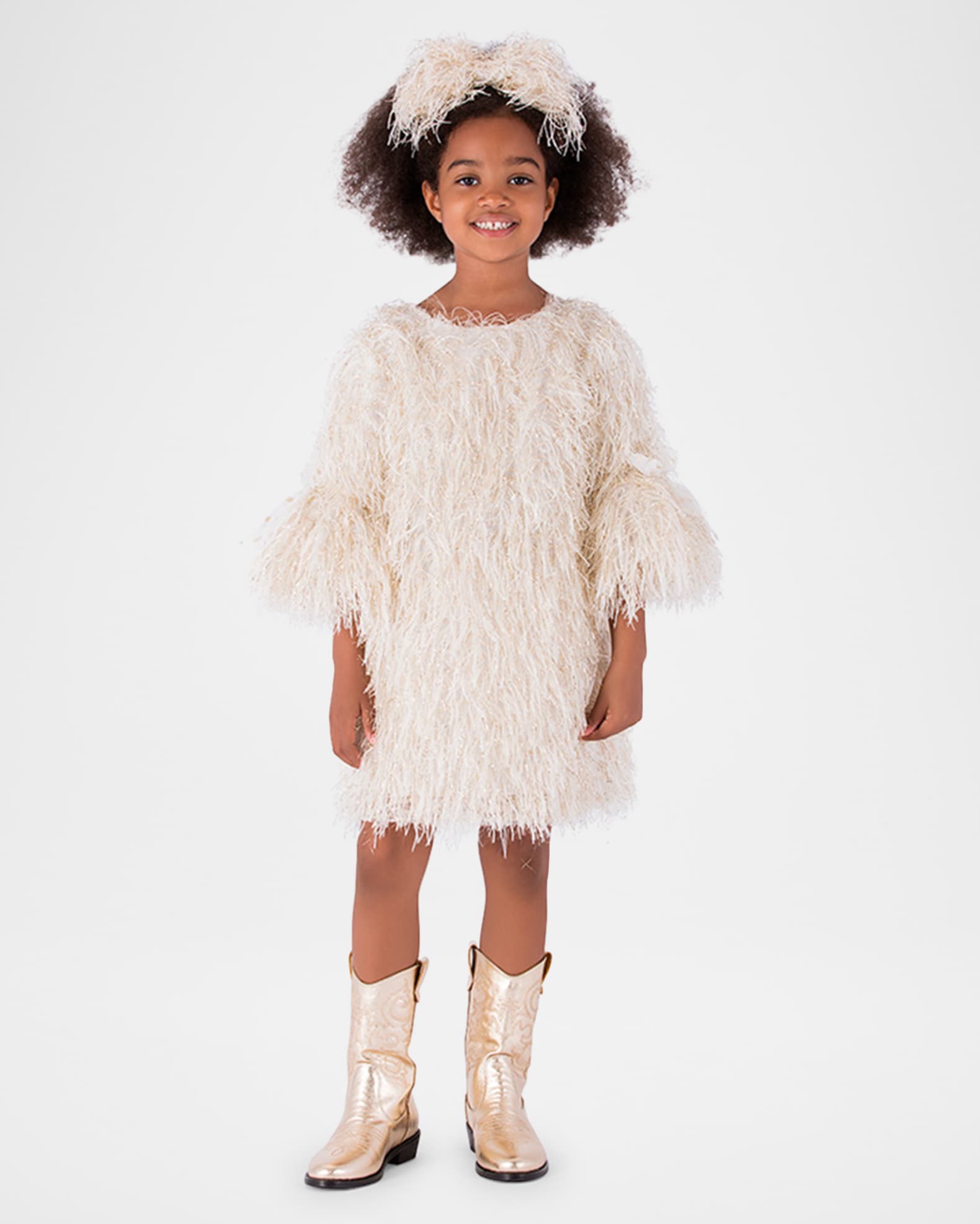 Girl's Fringe-Sleeve Feathered Dress, Size 3T-12 1