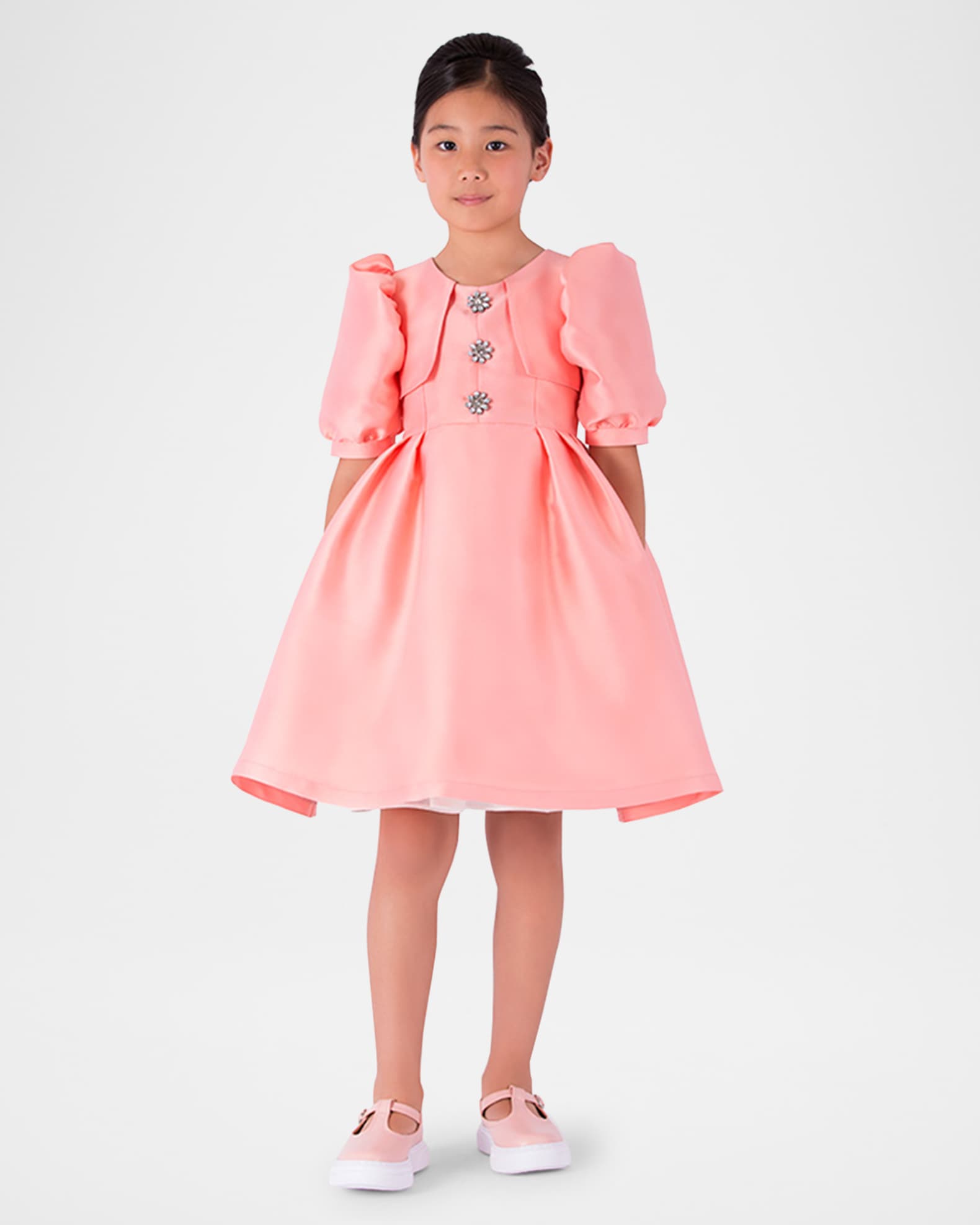 Girl's Brooch Balloon-Sleeve Dress, Size 3T-12 1