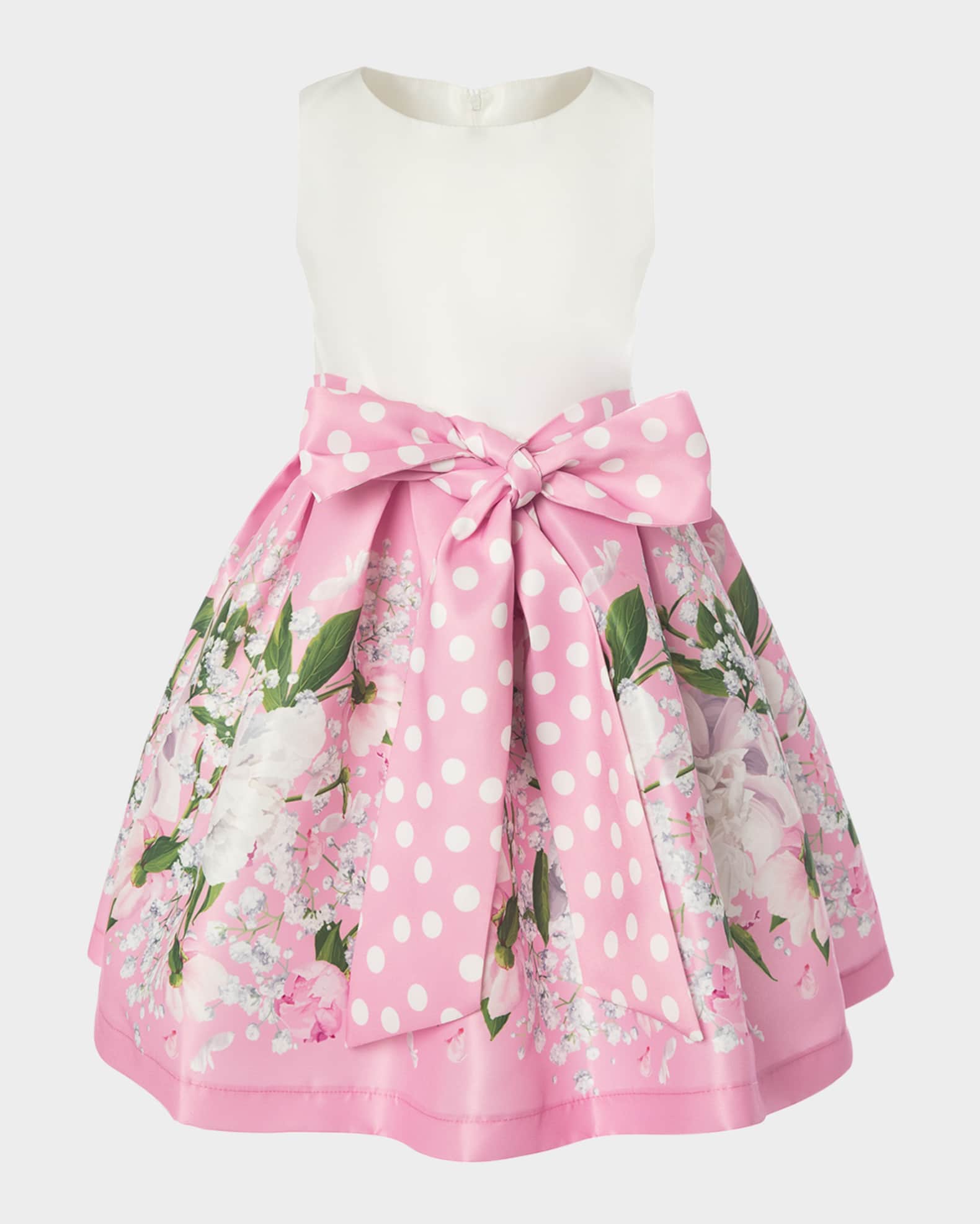 Girl's Sleeveless Floral & Polka Dot Dress with Bow, Size 3T-12 1