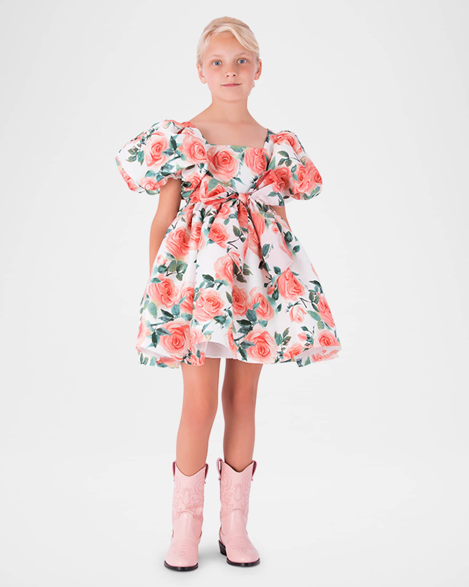 Girl's Rose Balloon-Sleeve Dress, SIze 3T-12 1