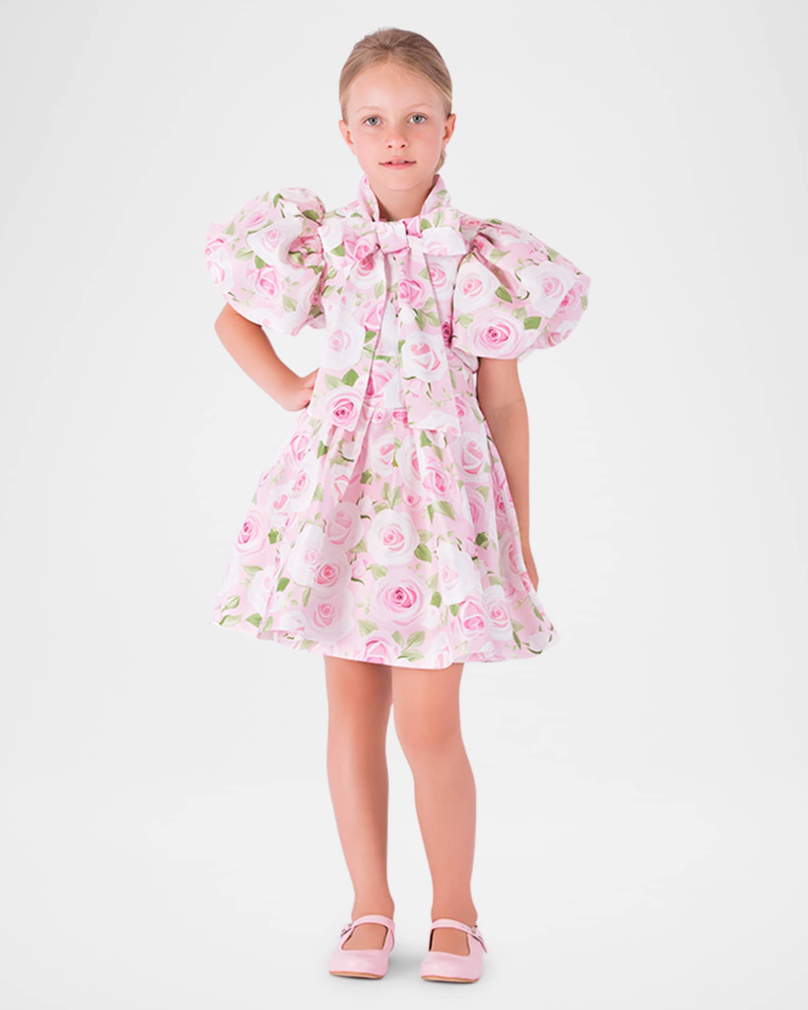 Girl's Floral Puff-Sleeve Dress with Bow, Size 3T-12 1
