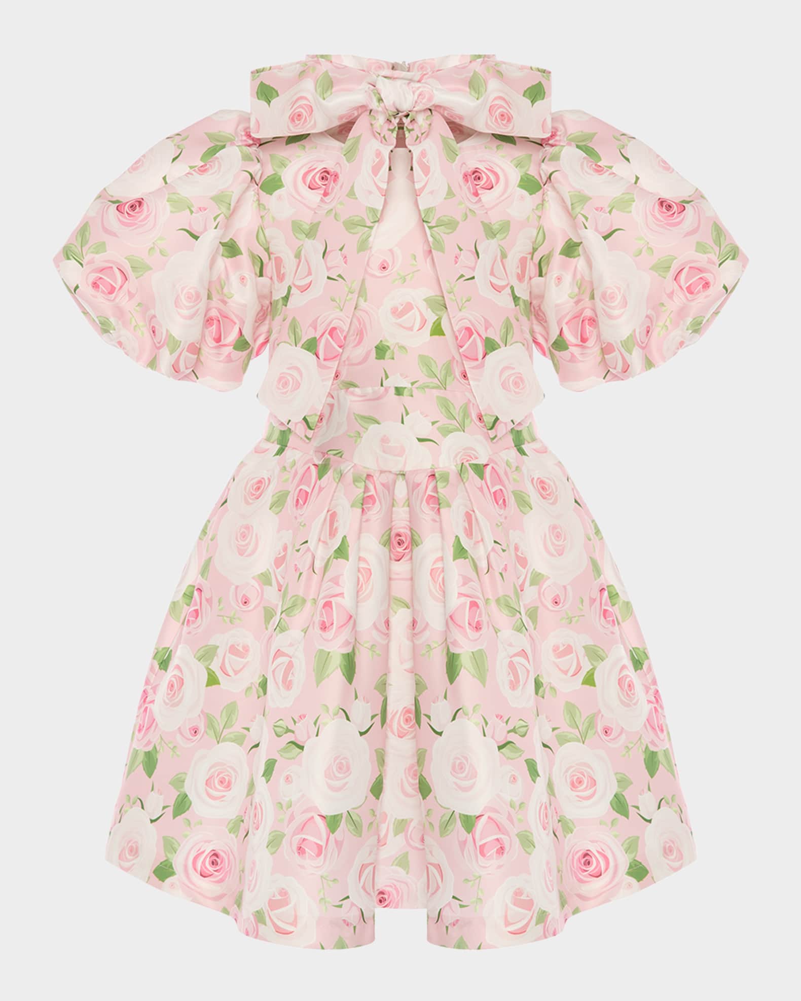 Girl's Floral Puff-Sleeve Dress with Bow, Size 3T-12 0