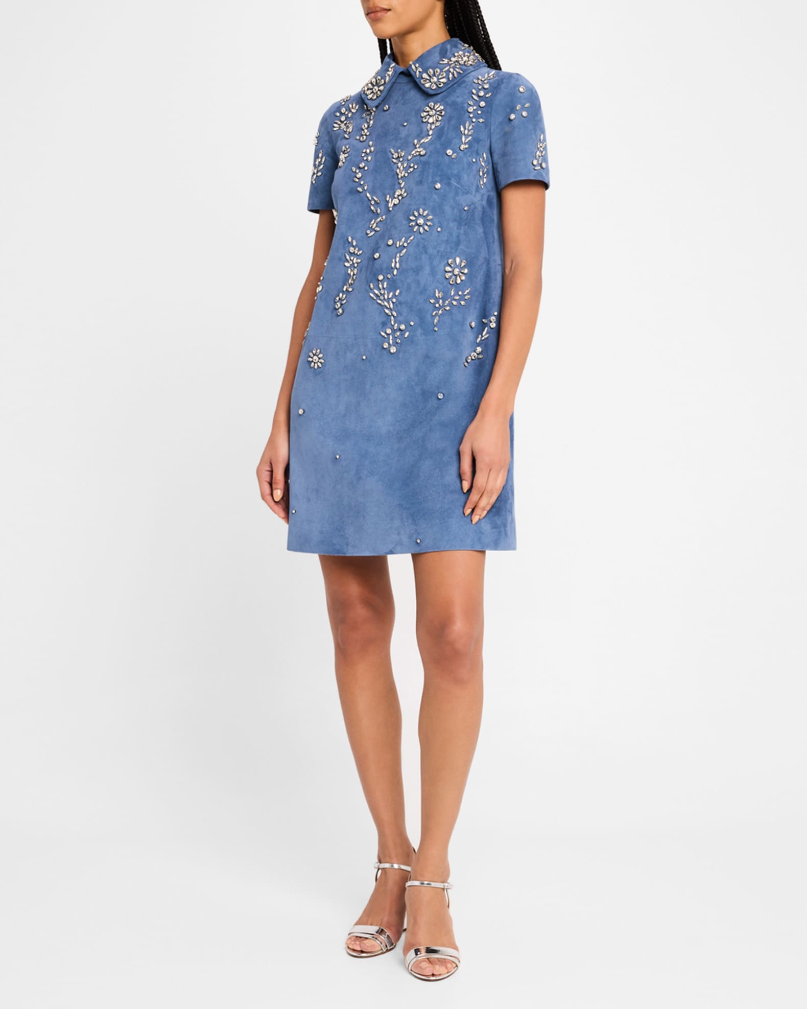 Oscar de la Renta Crystal Suede Short-Sleeve Mini Shift