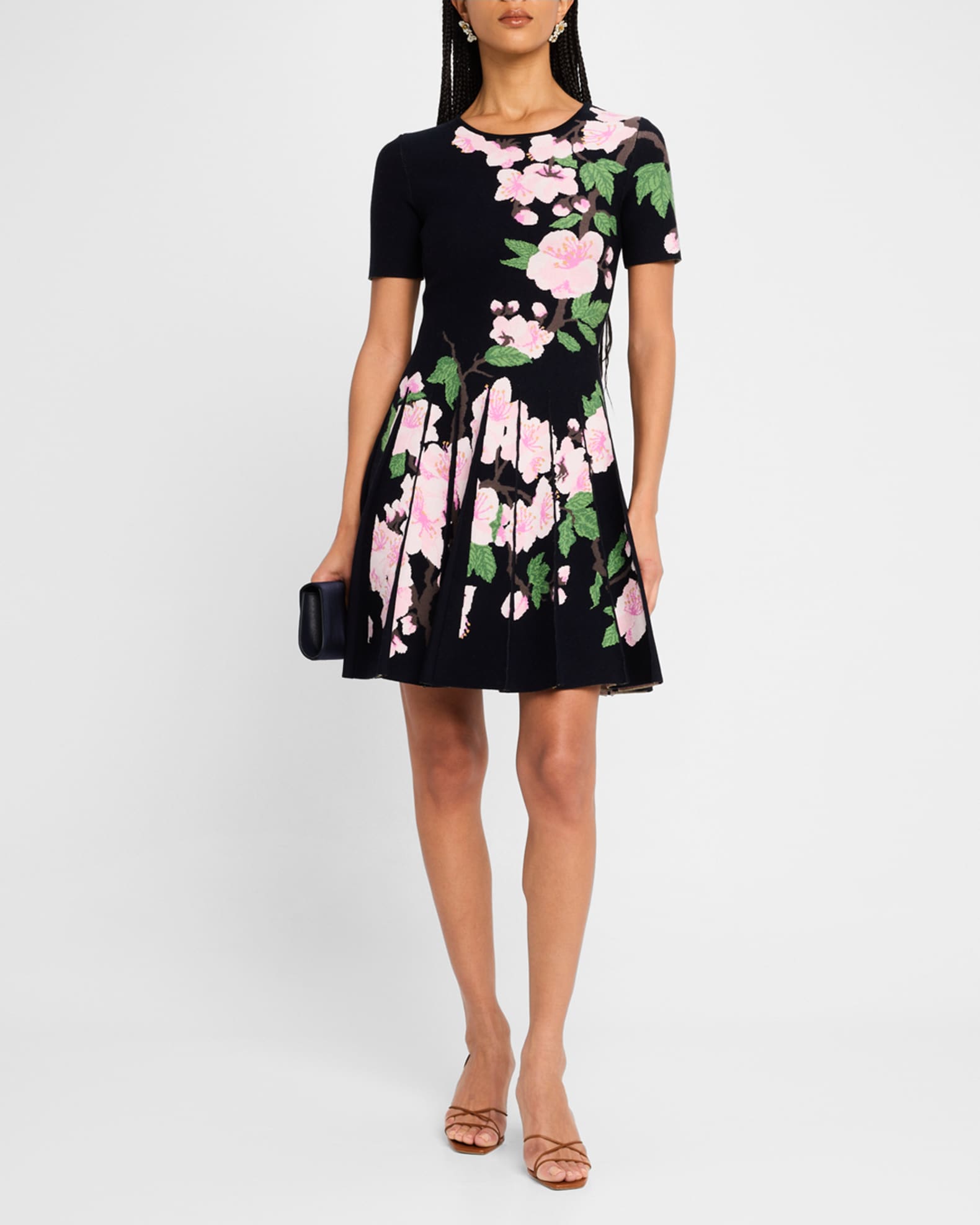 Cherry Blossom Jacquard Knit Pleated Mini Dress 1