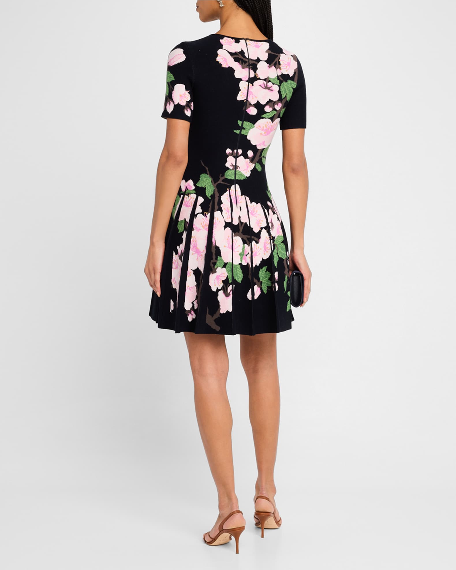 Cherry Blossom Jacquard Knit Pleated Mini Dress