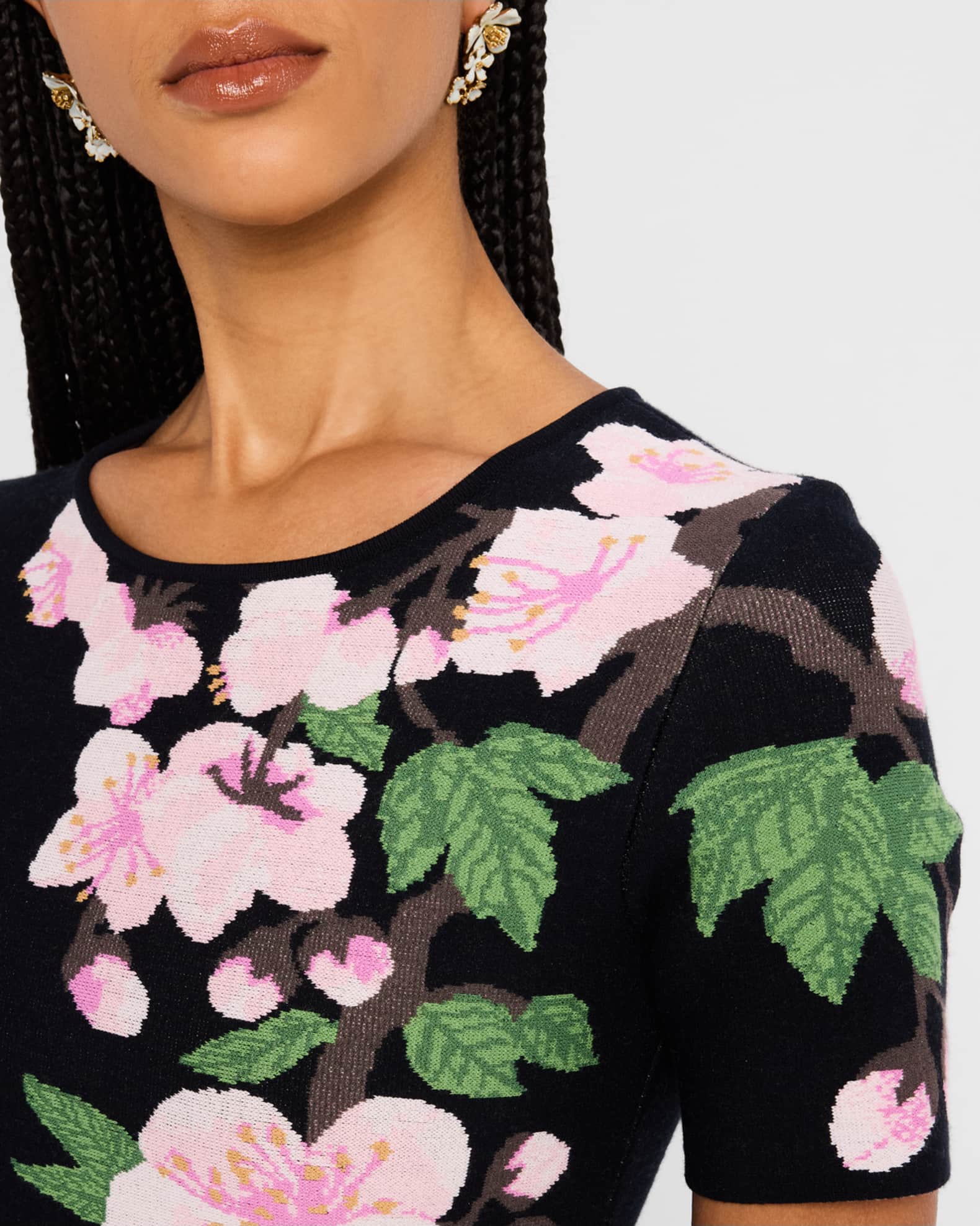 Cherry Blossom Jacquard Knit Pleated Mini Dress