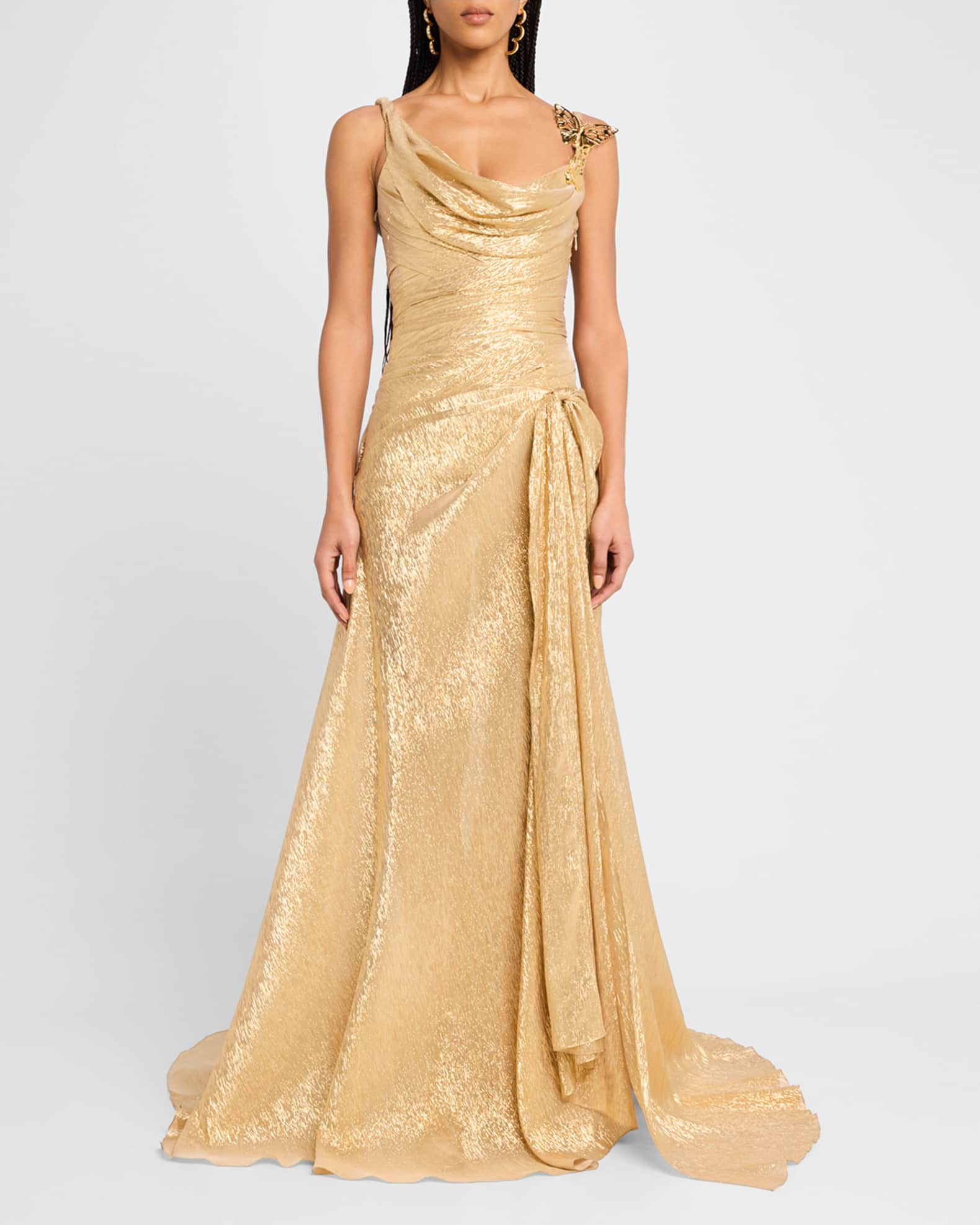 Butterfly Cowl-Neck Lame Gown With Slit 1