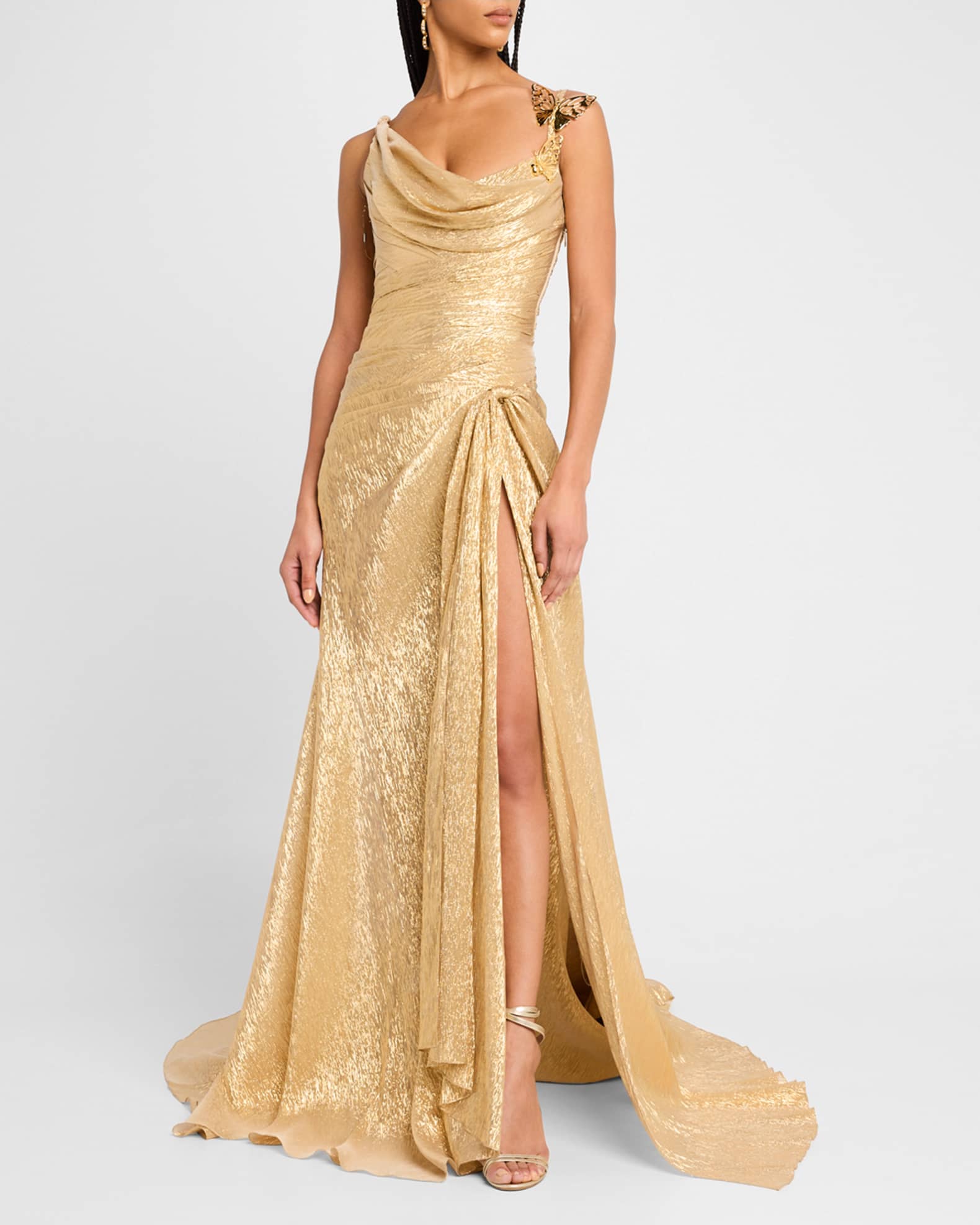 Oscar de la Renta Butterfly Cowl-Neck Lame Gown With Slit Neiman