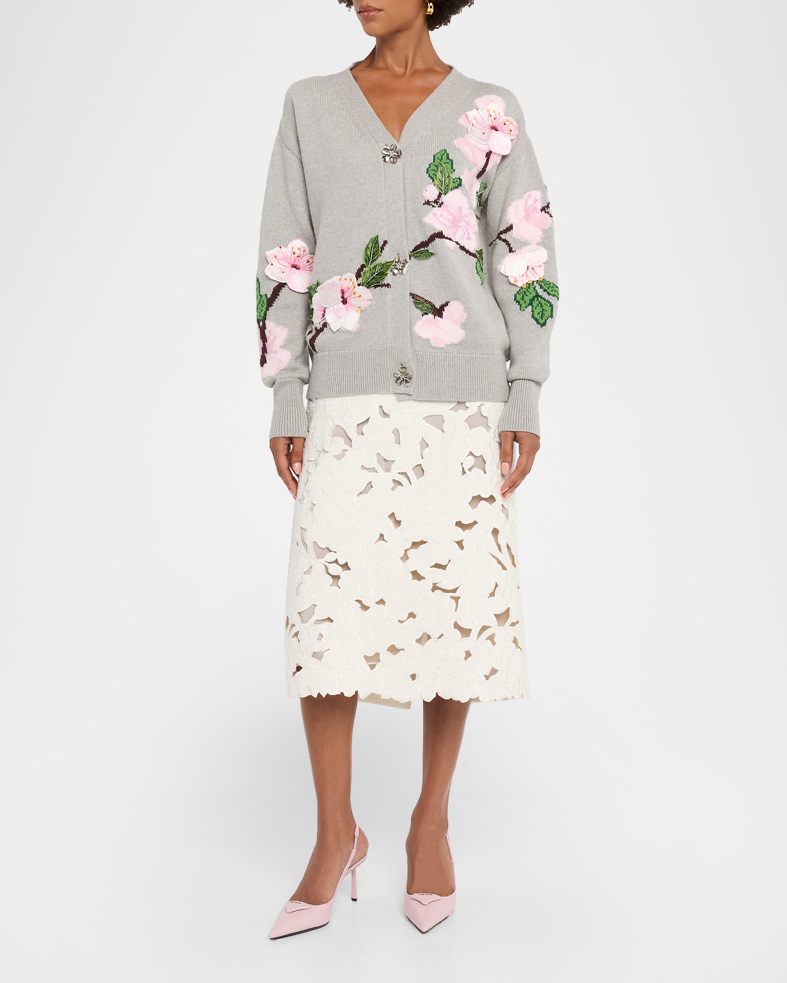 Cherry Blossom Jacquard V-Neck Cardigan 1
