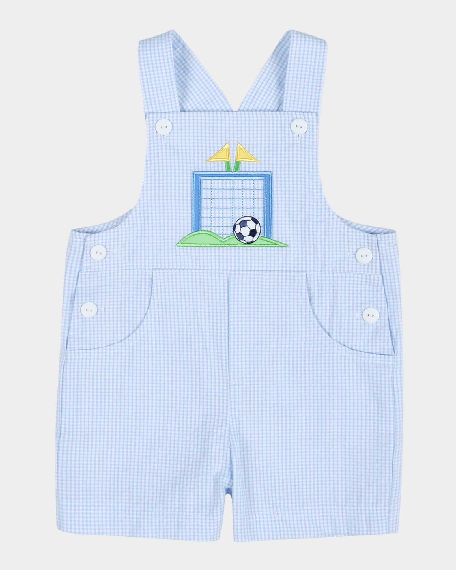 Boy's Check-Prirnt Seersucker Shortall W/ Soccer Goal, Size 3M-24M 0