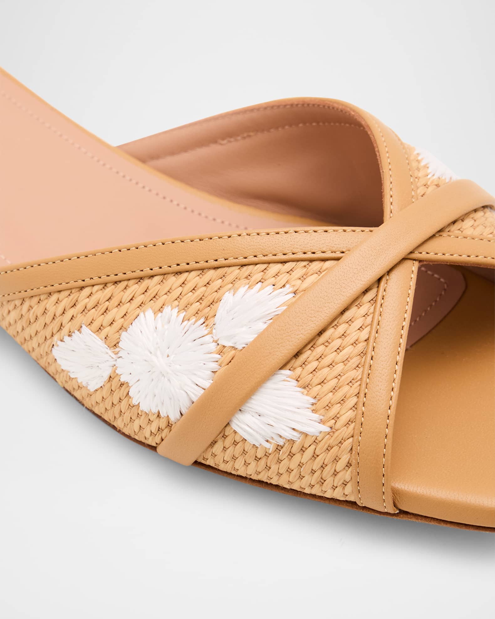 Malone Souliers Perla Embroidered Raffia Flat Slide Sandals