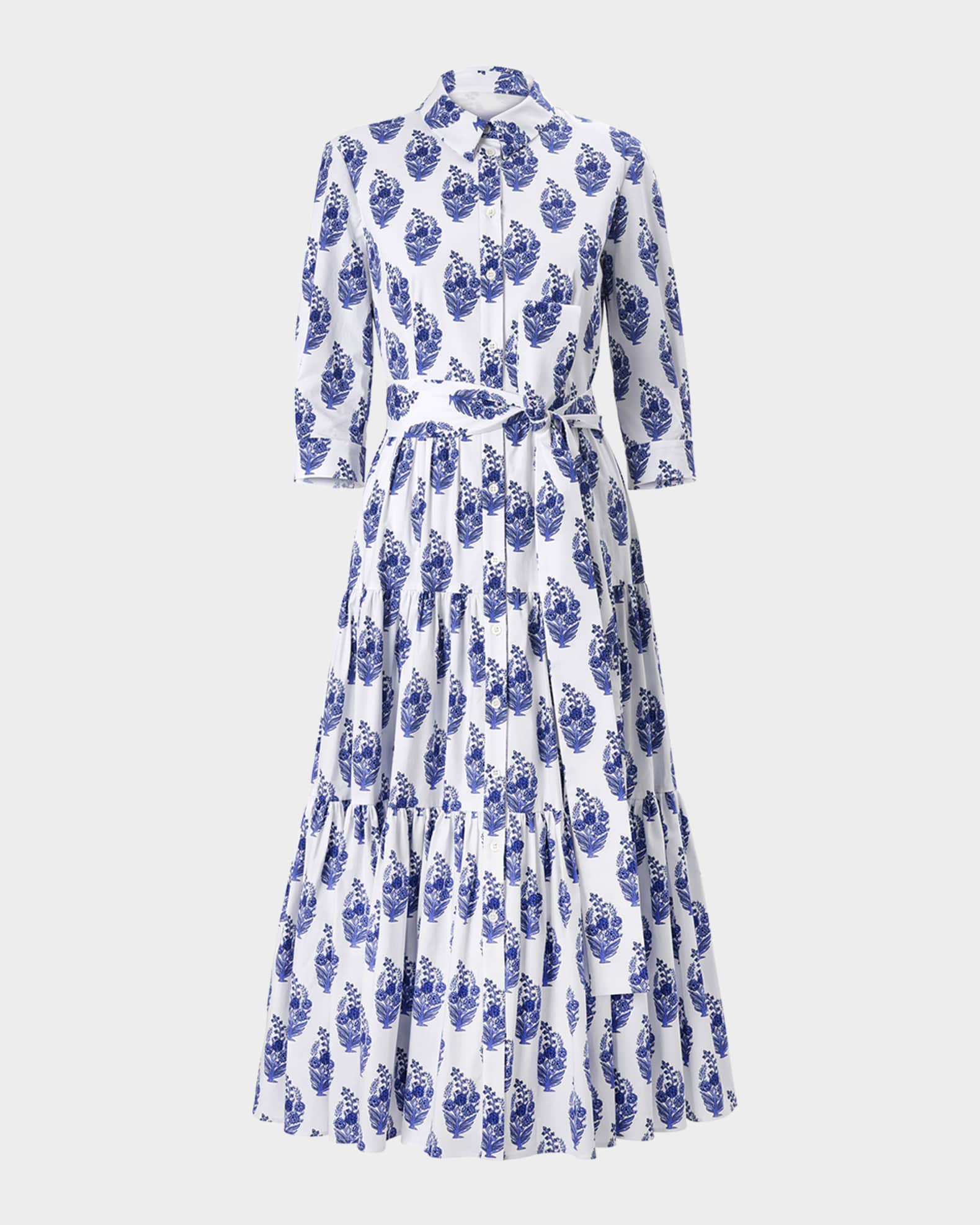 3/4-Sleeve Tiered Midi Shirtdress 0