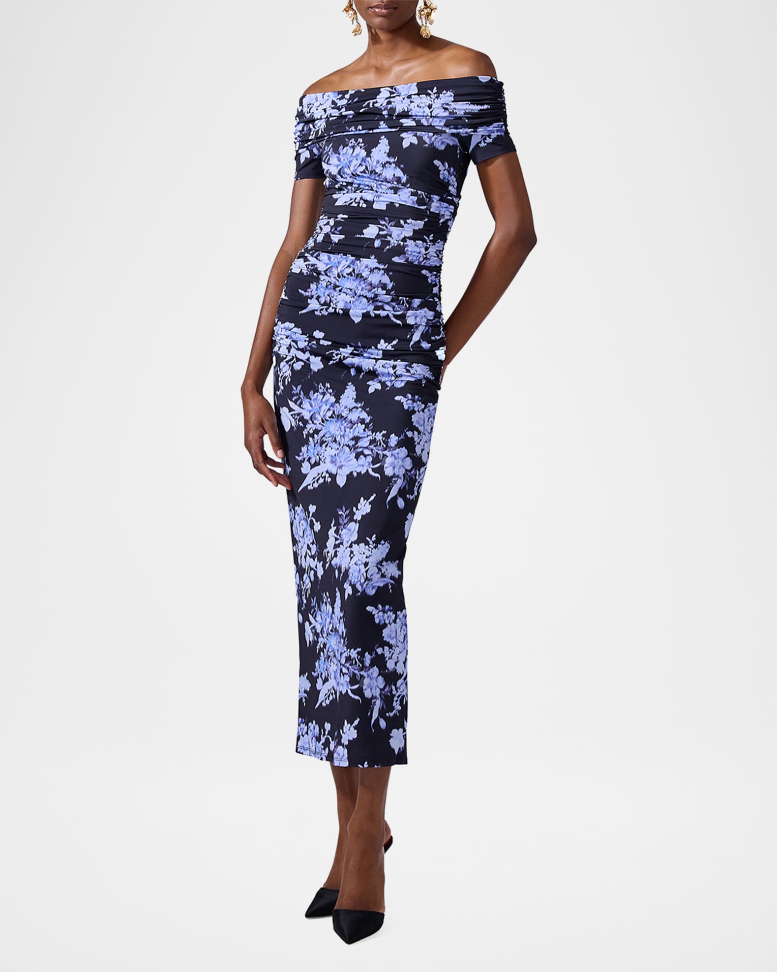 Off-the-Shoulder Floral Gathered Body-Con Dress 1