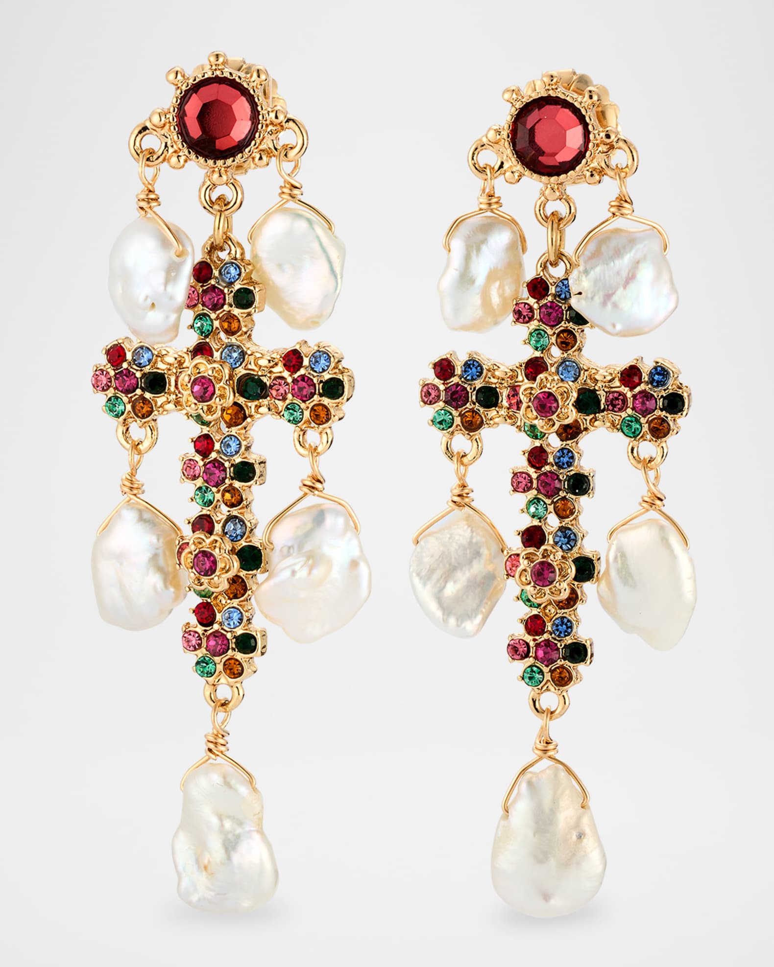 White Pearl and Multicolored Crystal Cross Earrings 0