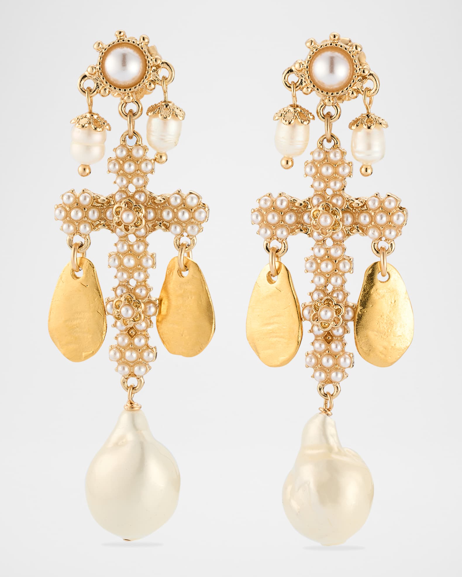White Pearl Gold Leaf Cross Post Earrings 0