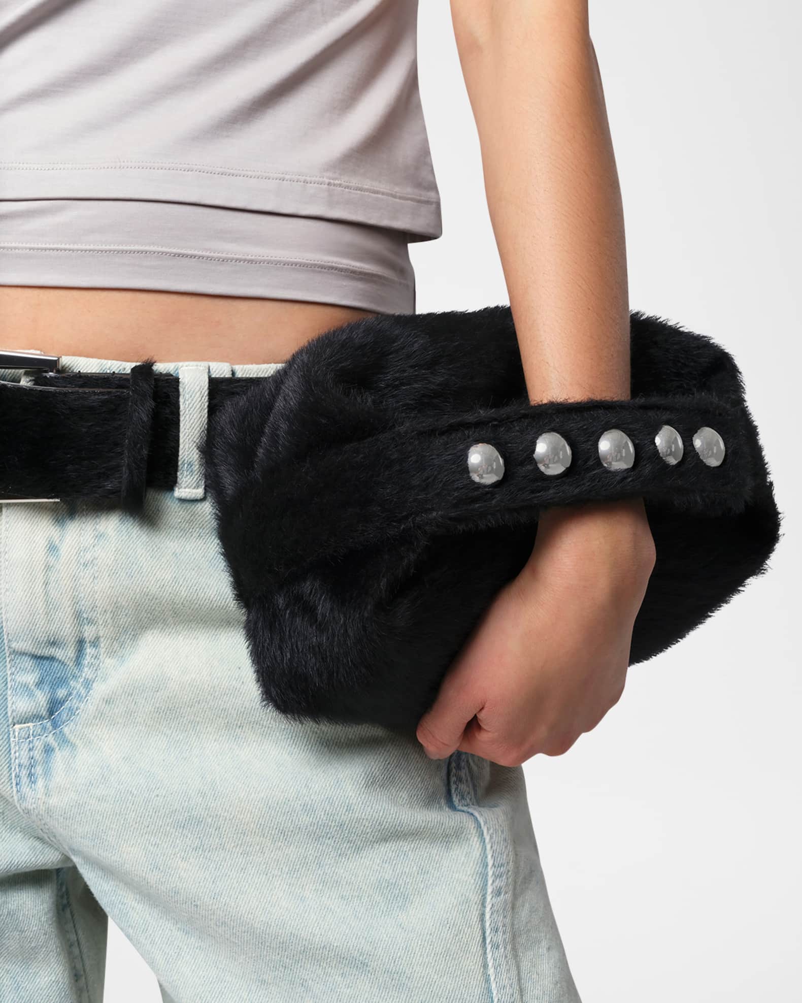 Marfa Studded Faux Hair Pochette Top-Handle Bag 1
