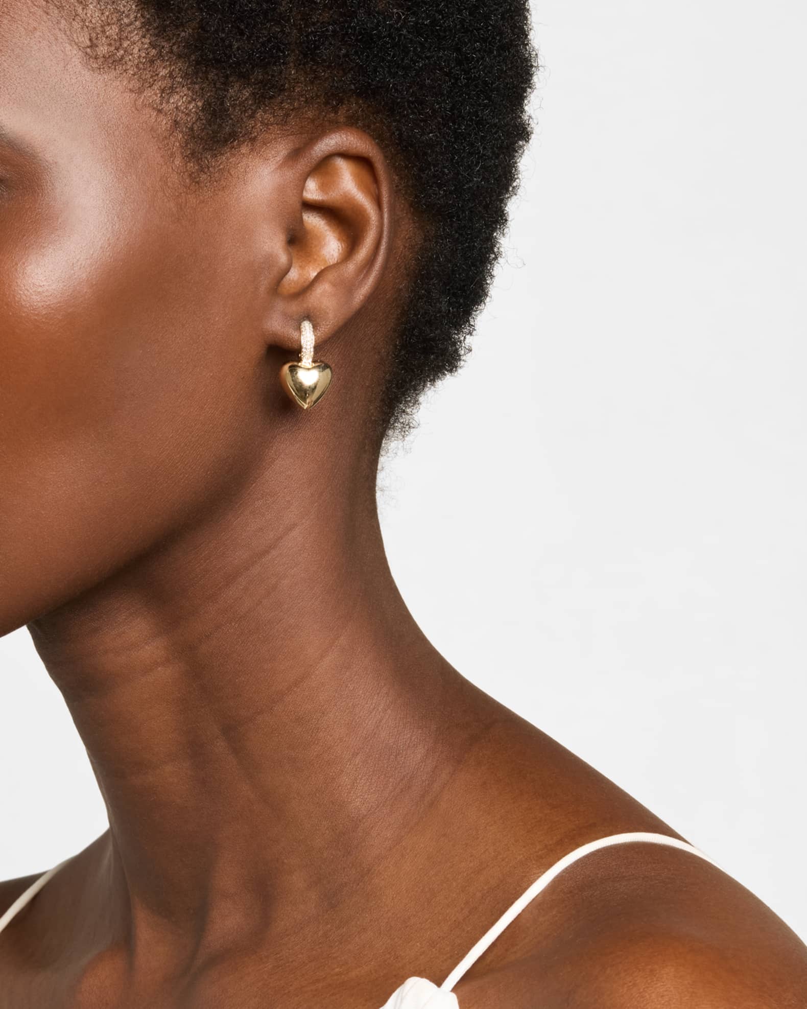 14K Yellow Gold Diamond Huggie Puffy Heart Earrings 1