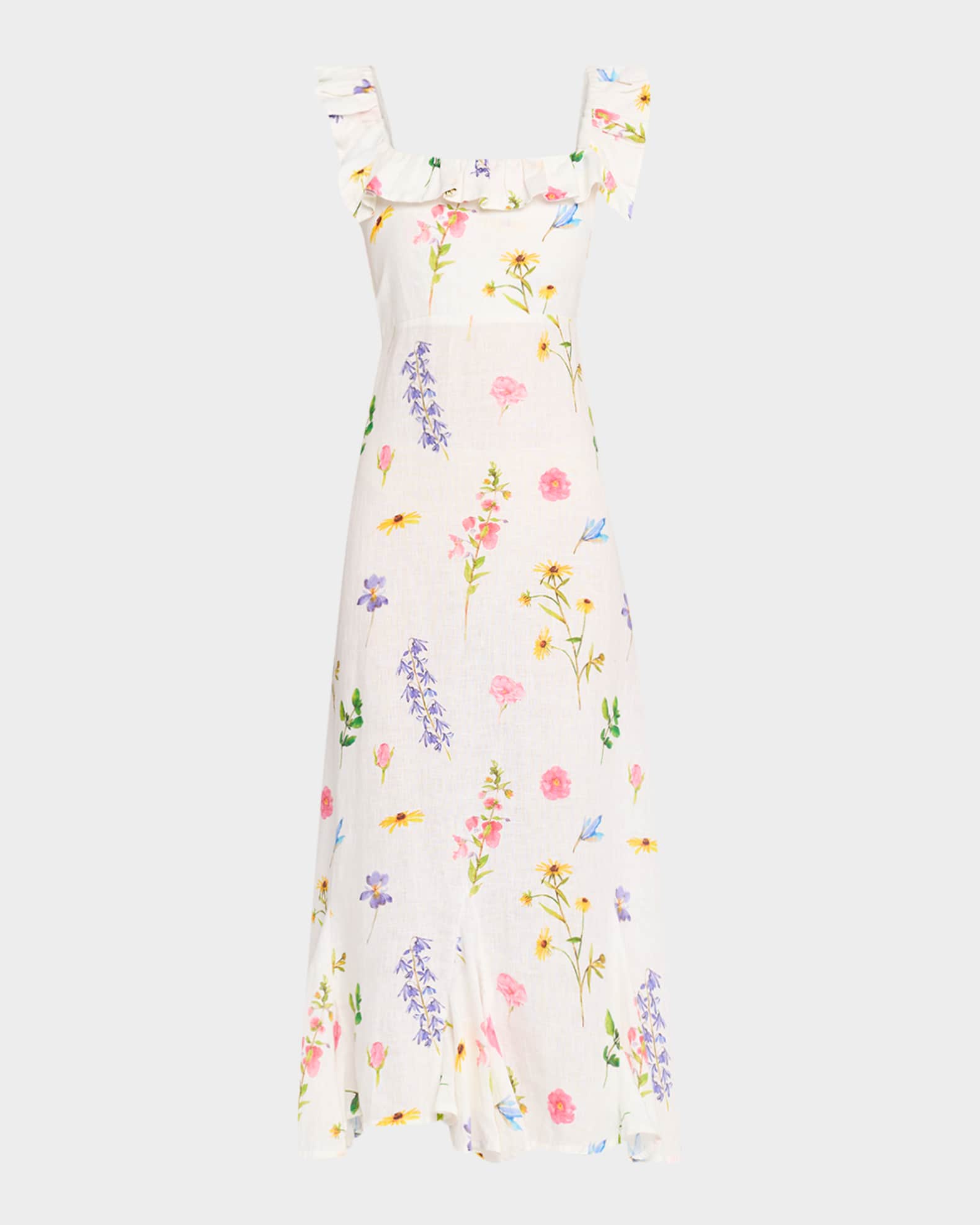 Gia Ruffle Floral-Print Linen Midi Dress 0