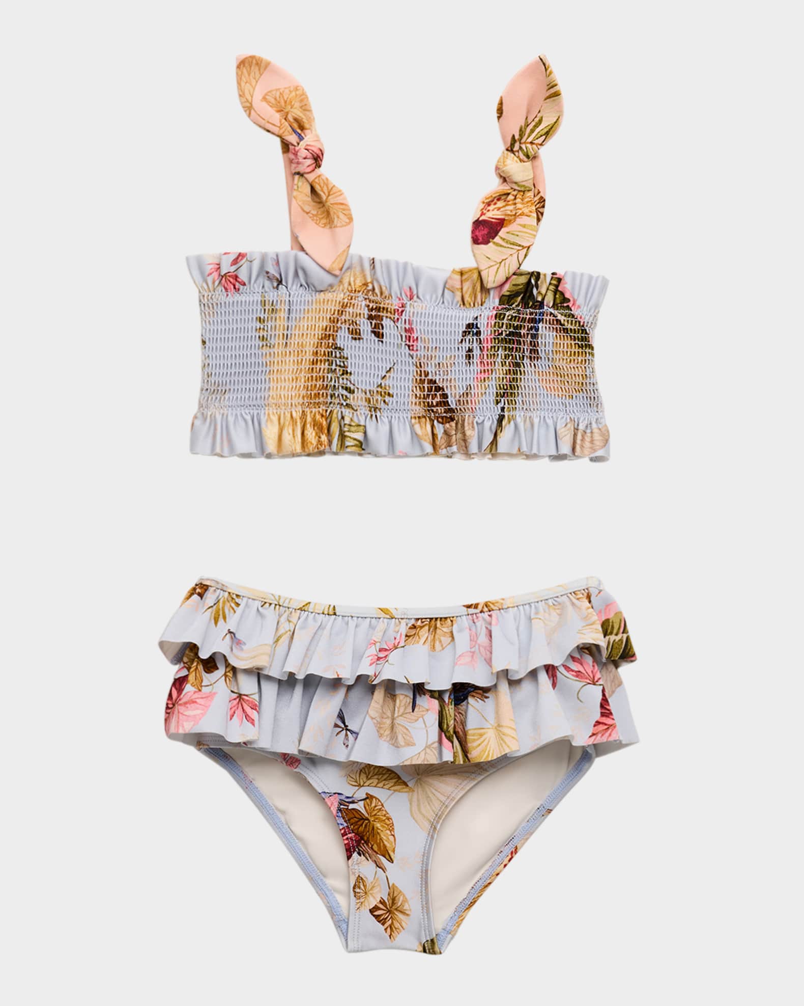 Rhiannon Leaf-Print Smocked Bikini, Size 1-12 0