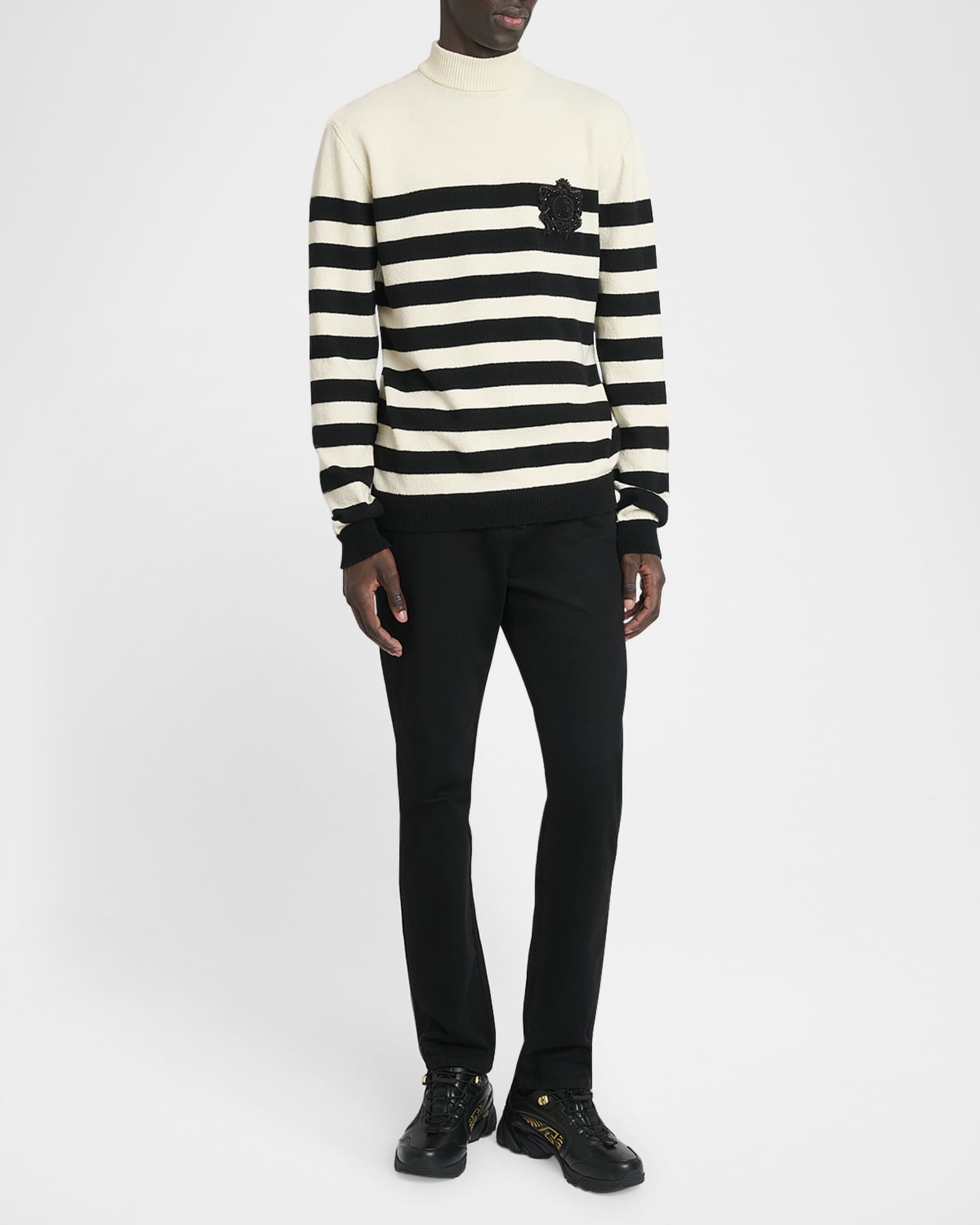 Men's Cashmere Stripe Mock Neck Sweater with Emblem Patch 1