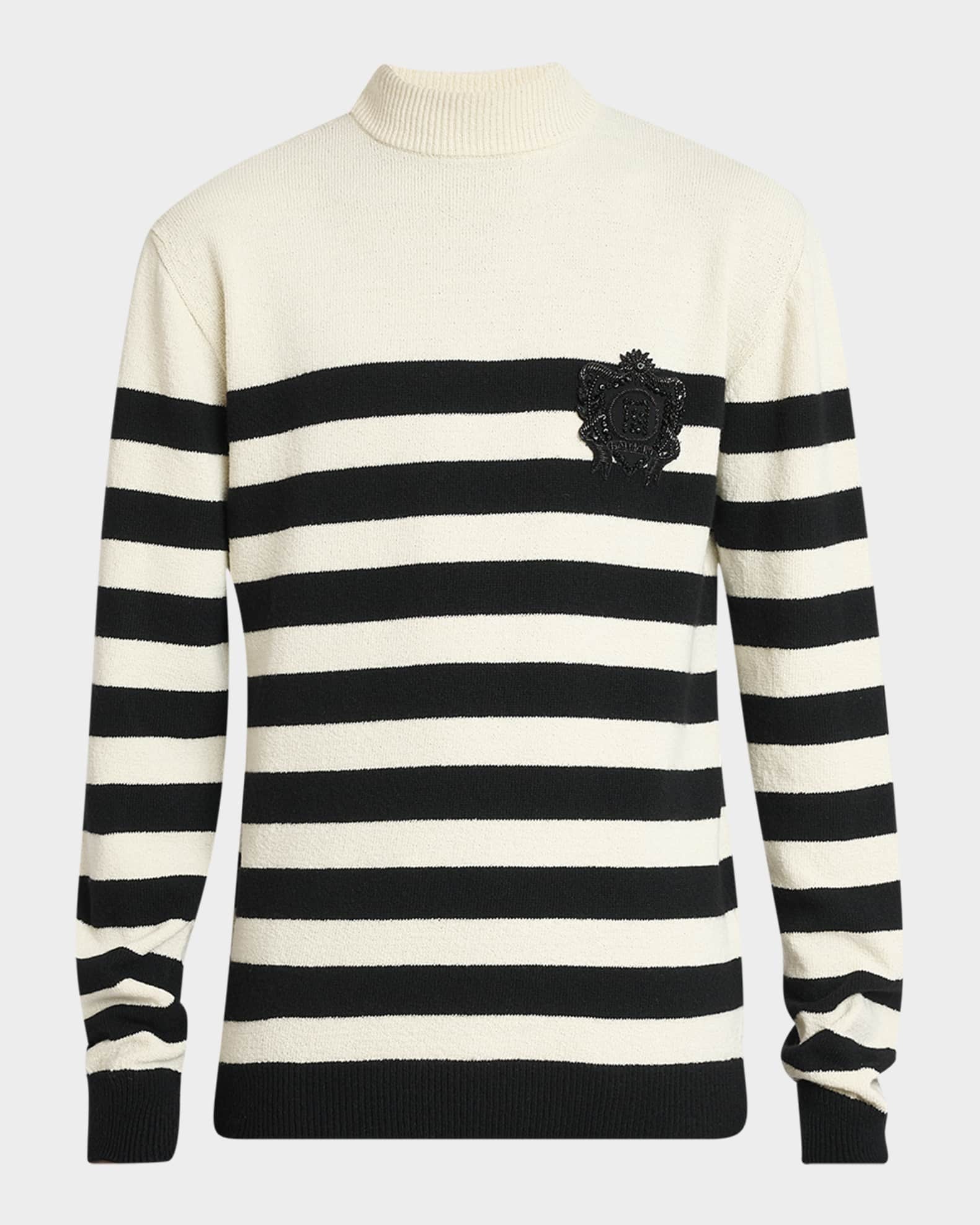 Men's Cashmere Stripe Mock Neck Sweater with Emblem Patch 0