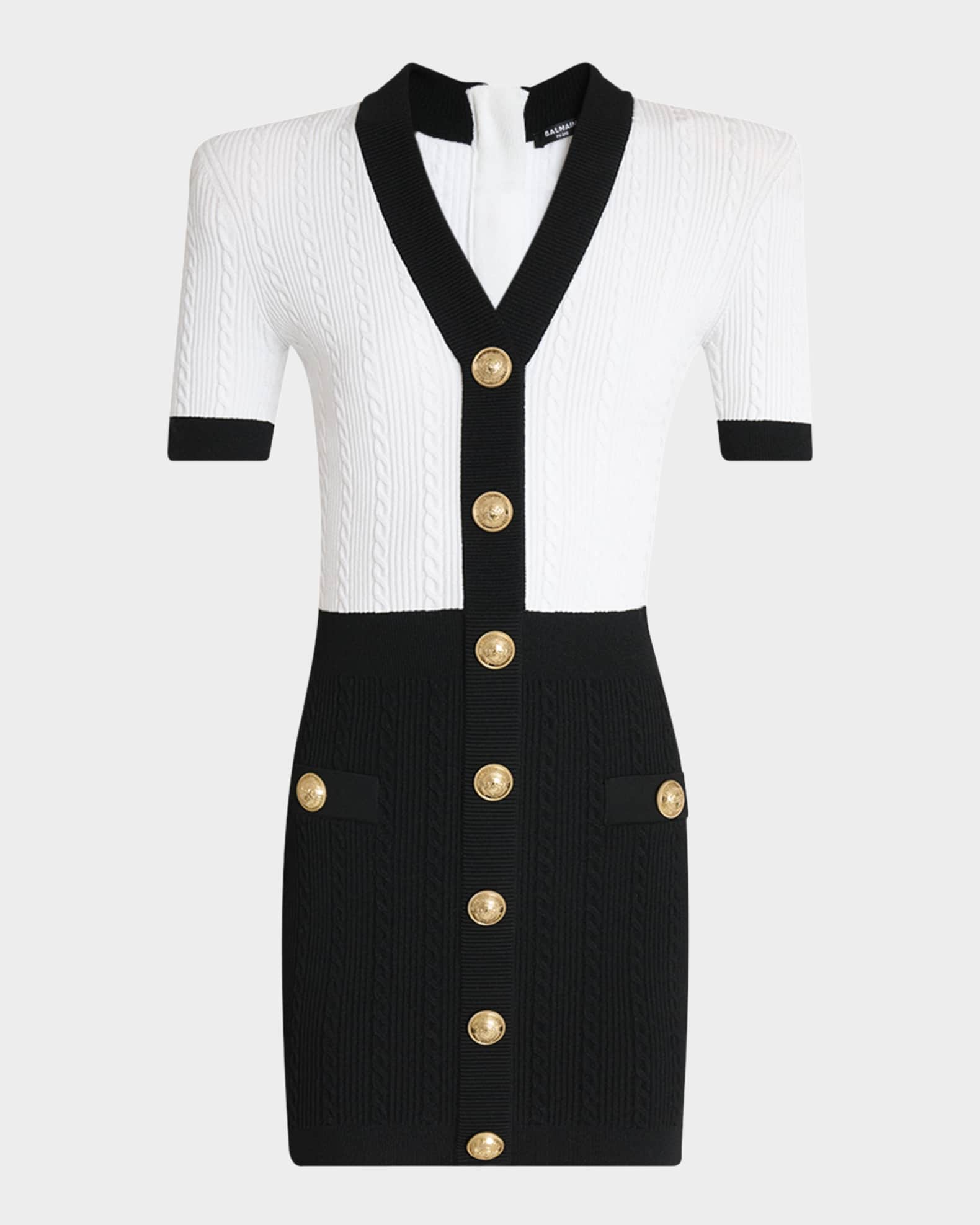 V-Neck Buttoned Strong-Shoulder Torsade Knit Mini Dress 0