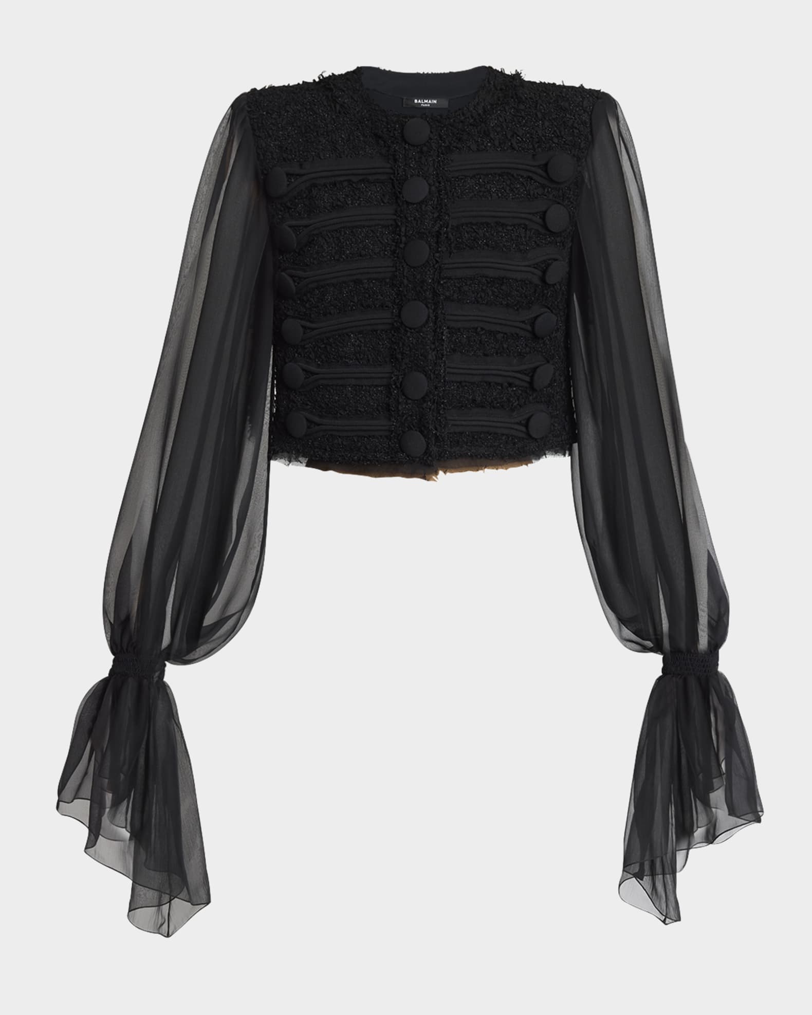 Balmain Edge-To-Edge Tweed and Chiffon Jacket | Neiman Marcus